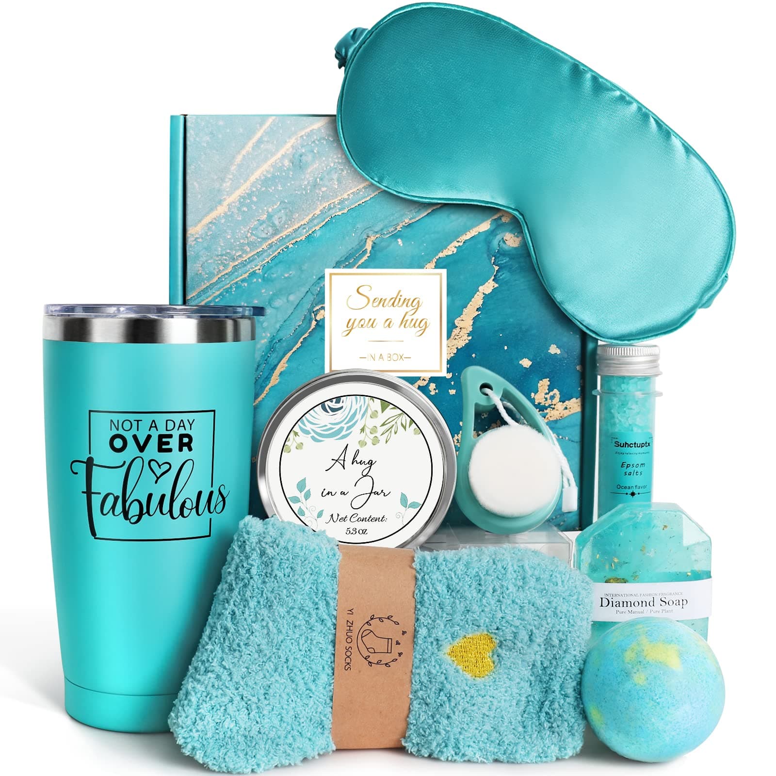 Birthday Gifts for Women, 9pcs Unique Teal Gifts for Women, Relaxing Spa Gift Baskets for Woman, Valentines Day Gifts for Her Friendship Mom Sister Wife Coworker Teacher Friends Female