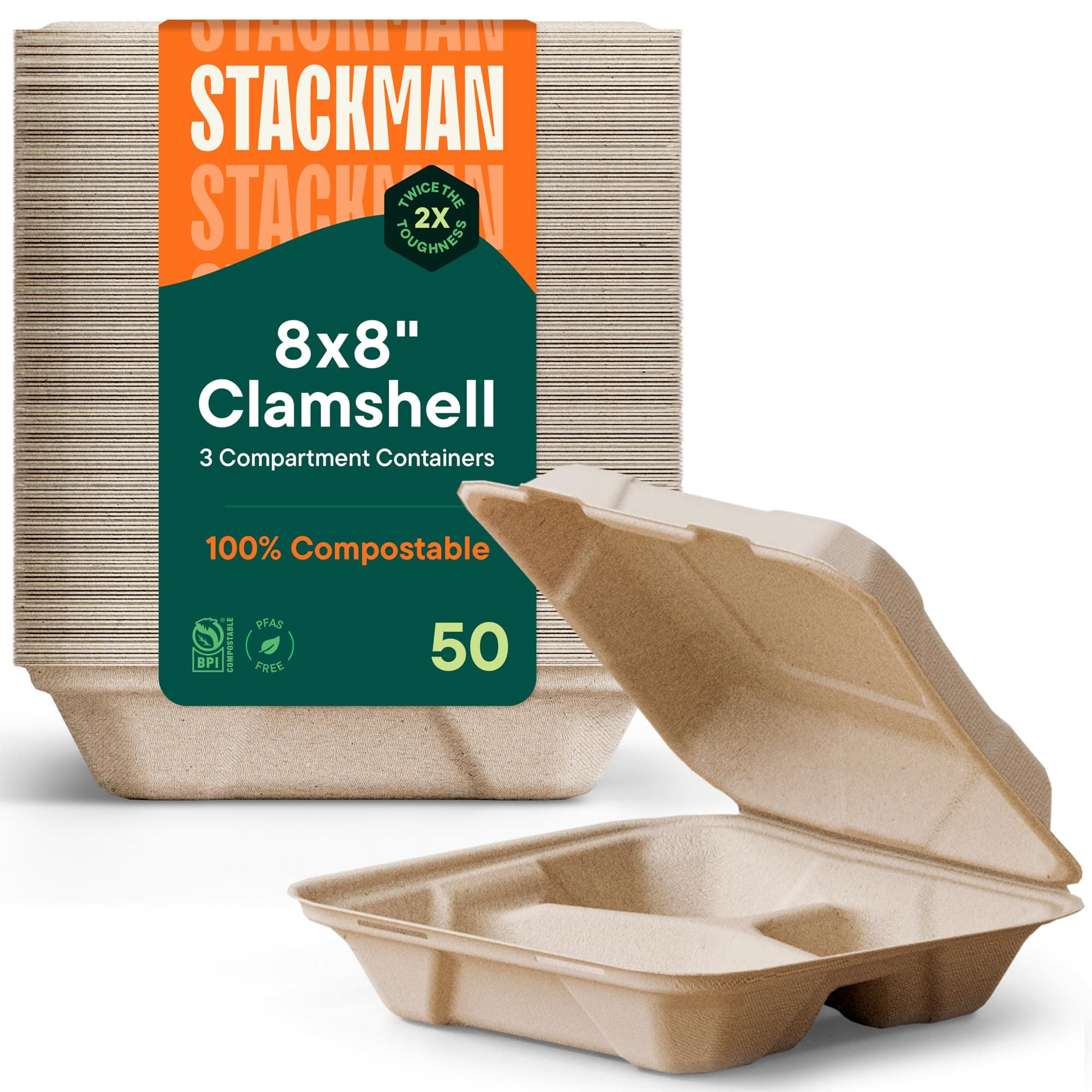 100% Compostable Clamshell Take Out Food Containers [8X8" 3-Compartment 50-Pack] Heavy-Duty Quality to go Containers, Natural Disposable Bagasse, Eco-Friendly Biodegradable Made of Sugar Cane Fibers 8x8" Clamshell 3-Compartment -- 50 Pack Containers