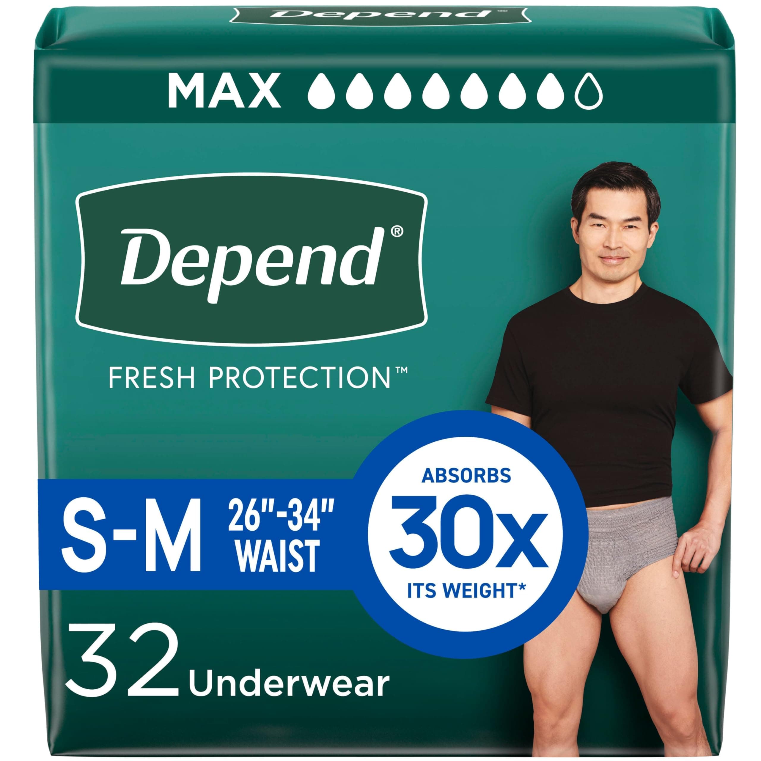 Depend Fresh Protection Adult Diapers, Incontinence Underwear for Men, Disposable, Maximum, Small/Medium, Grey, 32 Count, Packaging May Vary Small/Medium 32