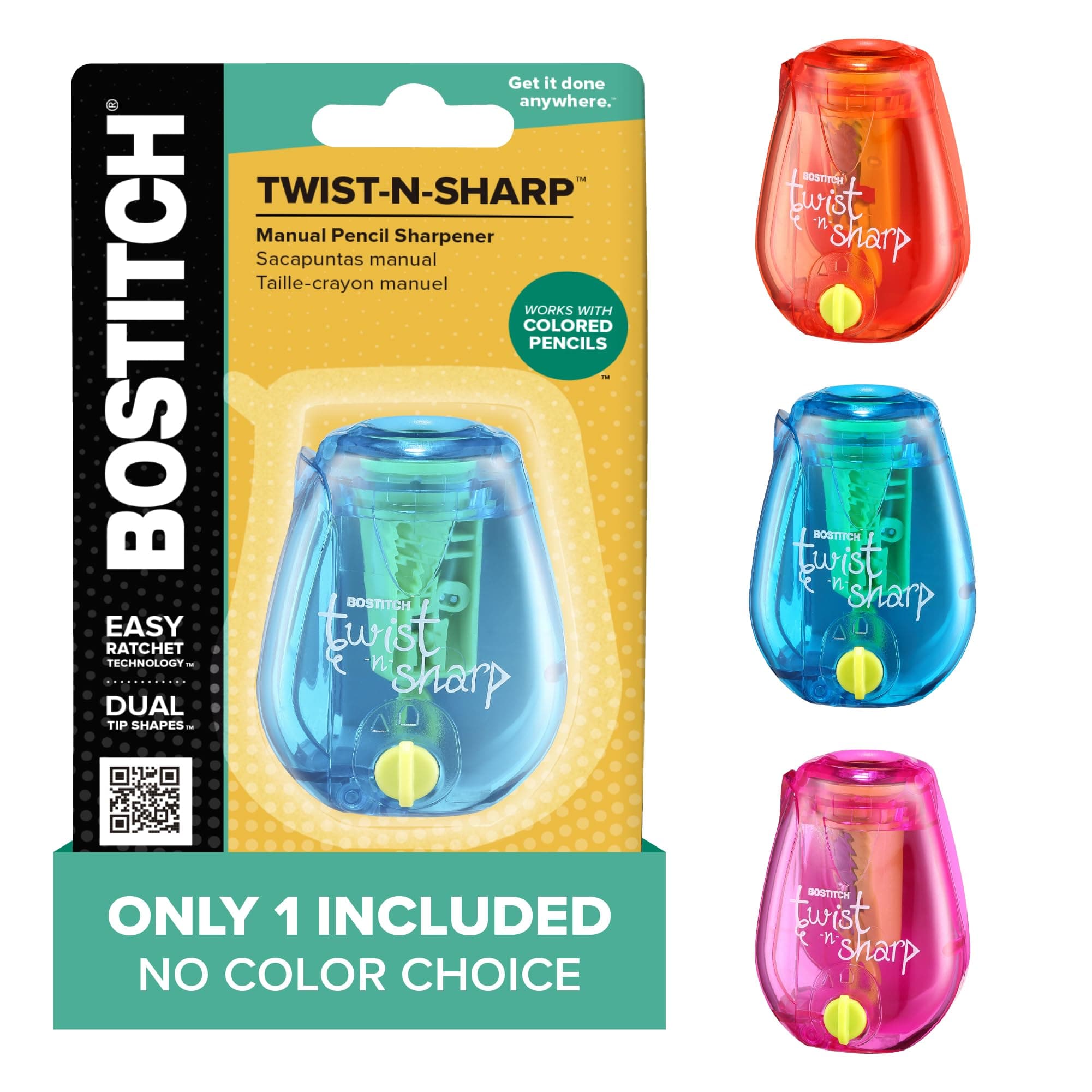 Bostitch Office Pencil Sharpener, One Assorted Color, Twist-n-Sharp, Kids & Colored Pencils, (PS1-ADJ) Single Assorted