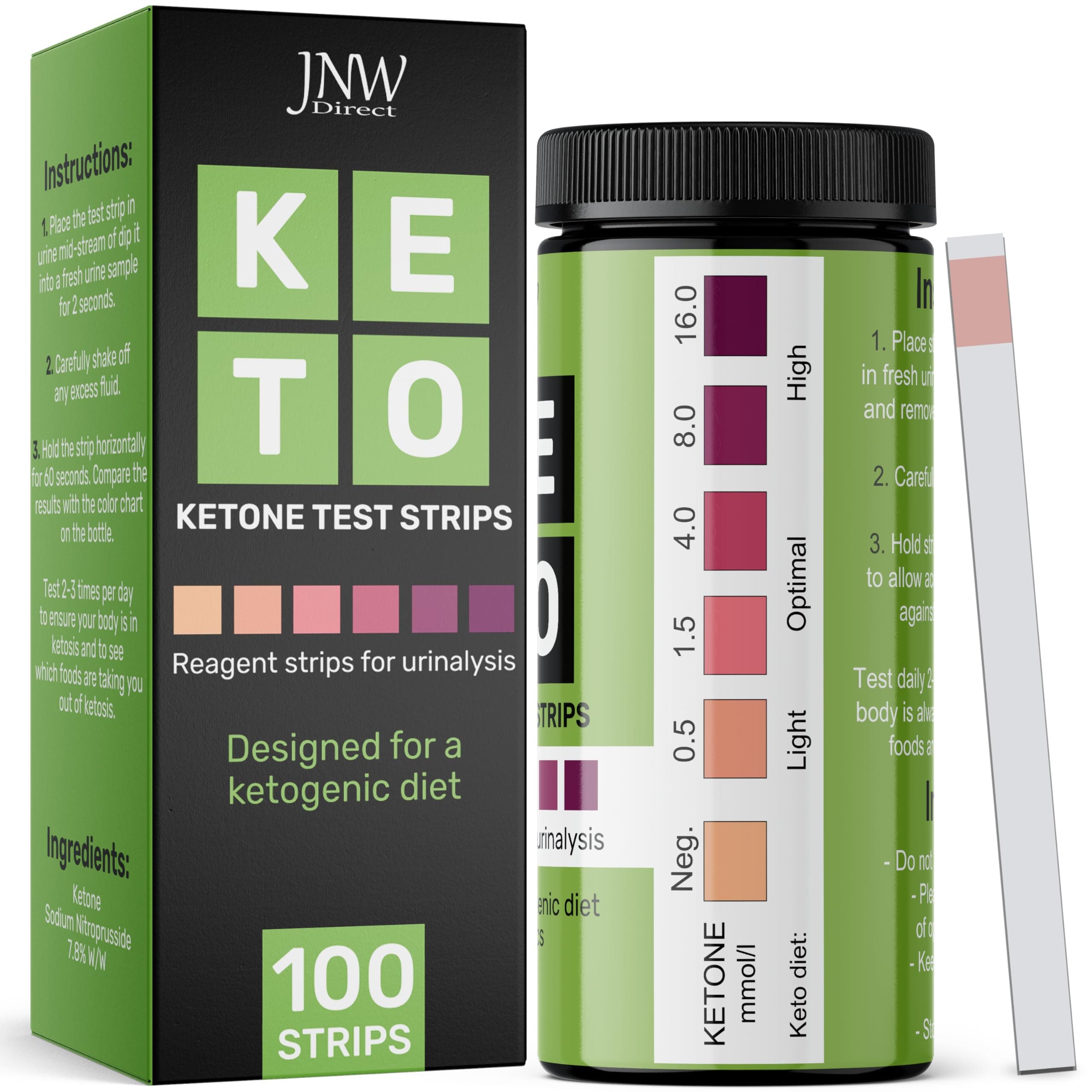Ketone Test Strips by JNW Direct, 100 Keto Test Strips for Keto, Low Carb Diet - Urine Test Strips, Ketosis Test Strips Urine, Keto Strips, Ketone Urinalysis Test Strips, Ketones Test Kit - Free eBook 100 Count (Pack of 1)