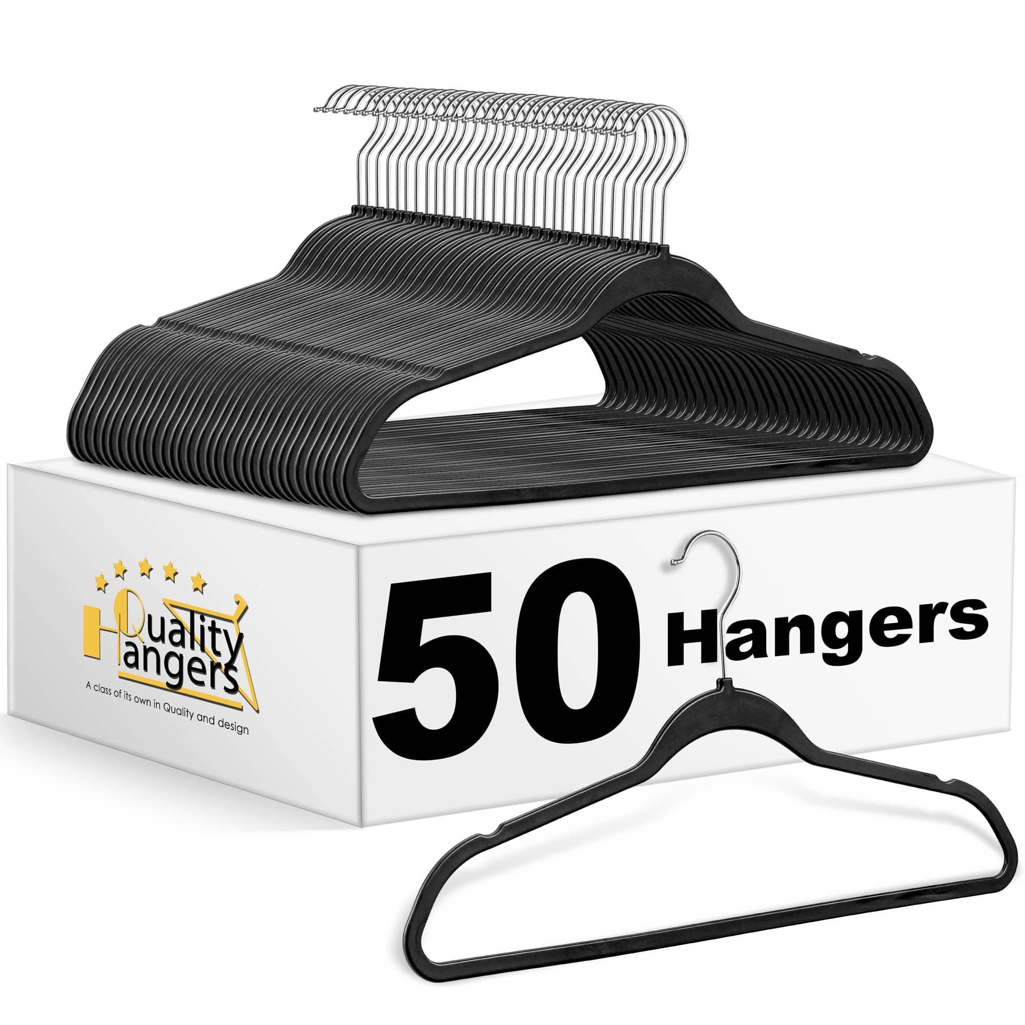 Quality Hangers 50 Pack Plastic Hangers for Clothes - Slim Non-Velvet Hangers with 360° Swivel Chrome Hook & Non Slip Notches - Ideal for Dresses Coats Shirts Jackets & More - Black