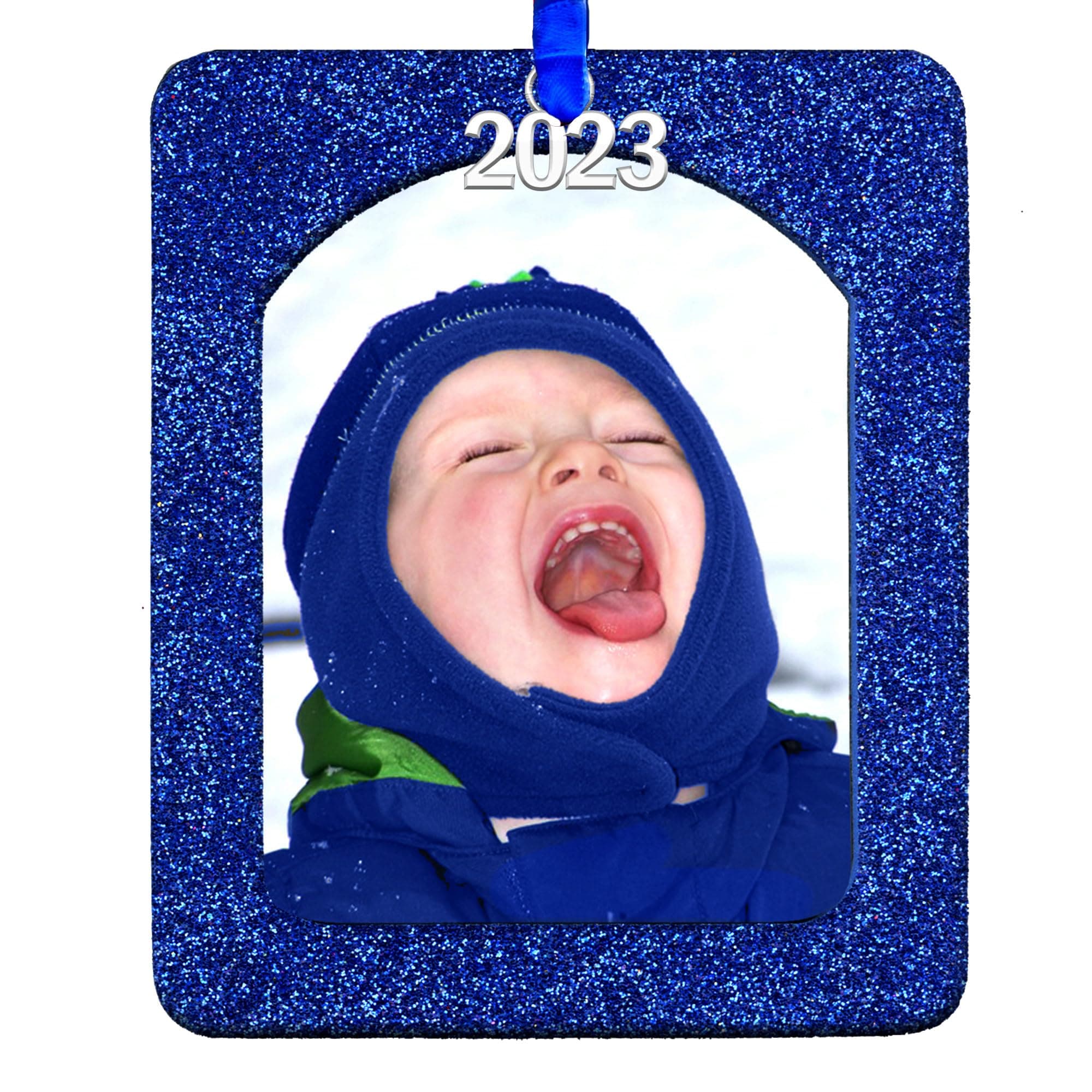 2023 Magnetic Glitter Christmas Photo Ornament with Non Glare Photo Protector, Vertical - Blue Blue 1