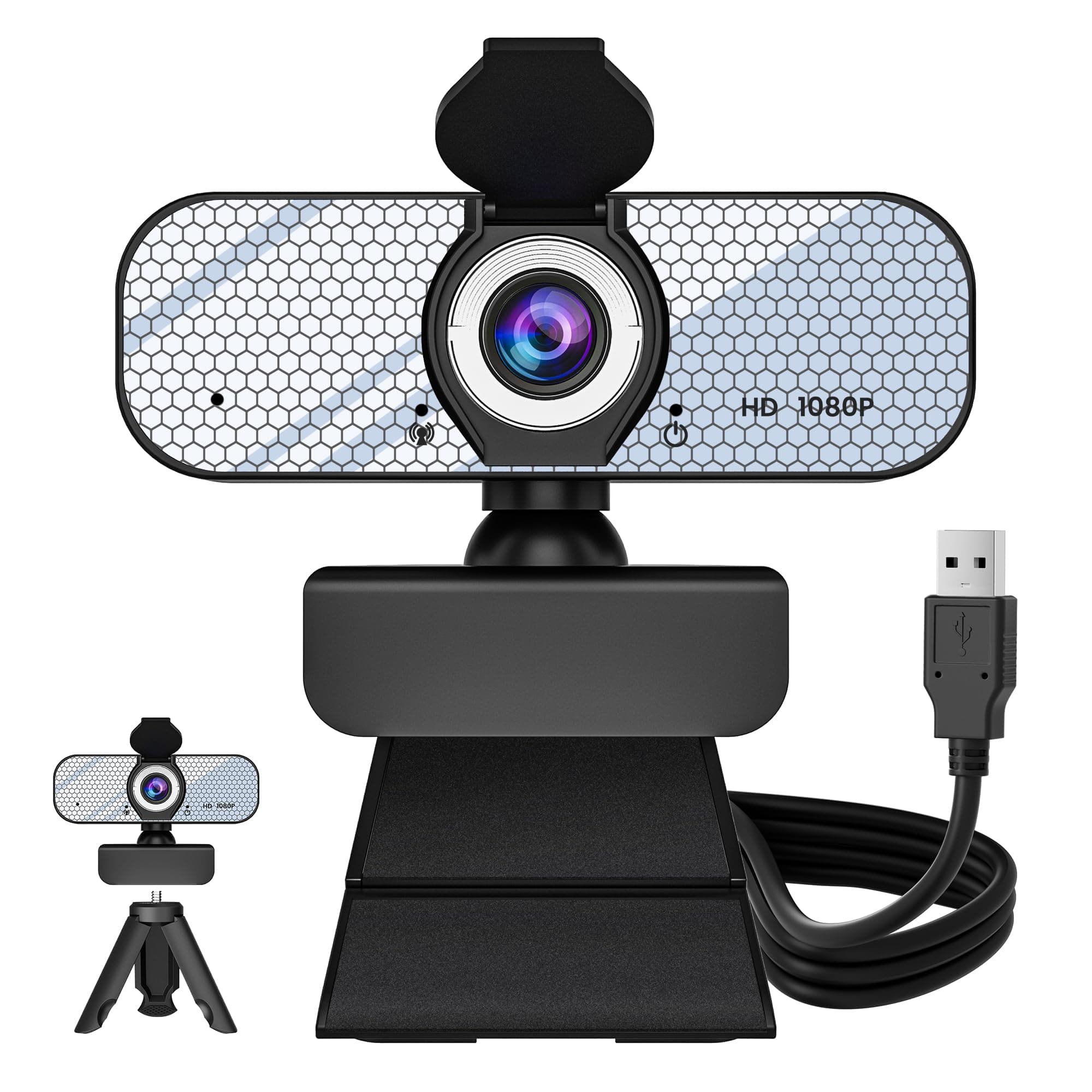 1080P HD Webcam with Built-in Microphone, Rotatable Tripod, Wide-Angle Lens,Privacy Cover, Auto Light Correction, Plug & Play USB-A Webcam for Laptop, Desktop, PC, Streaming-White