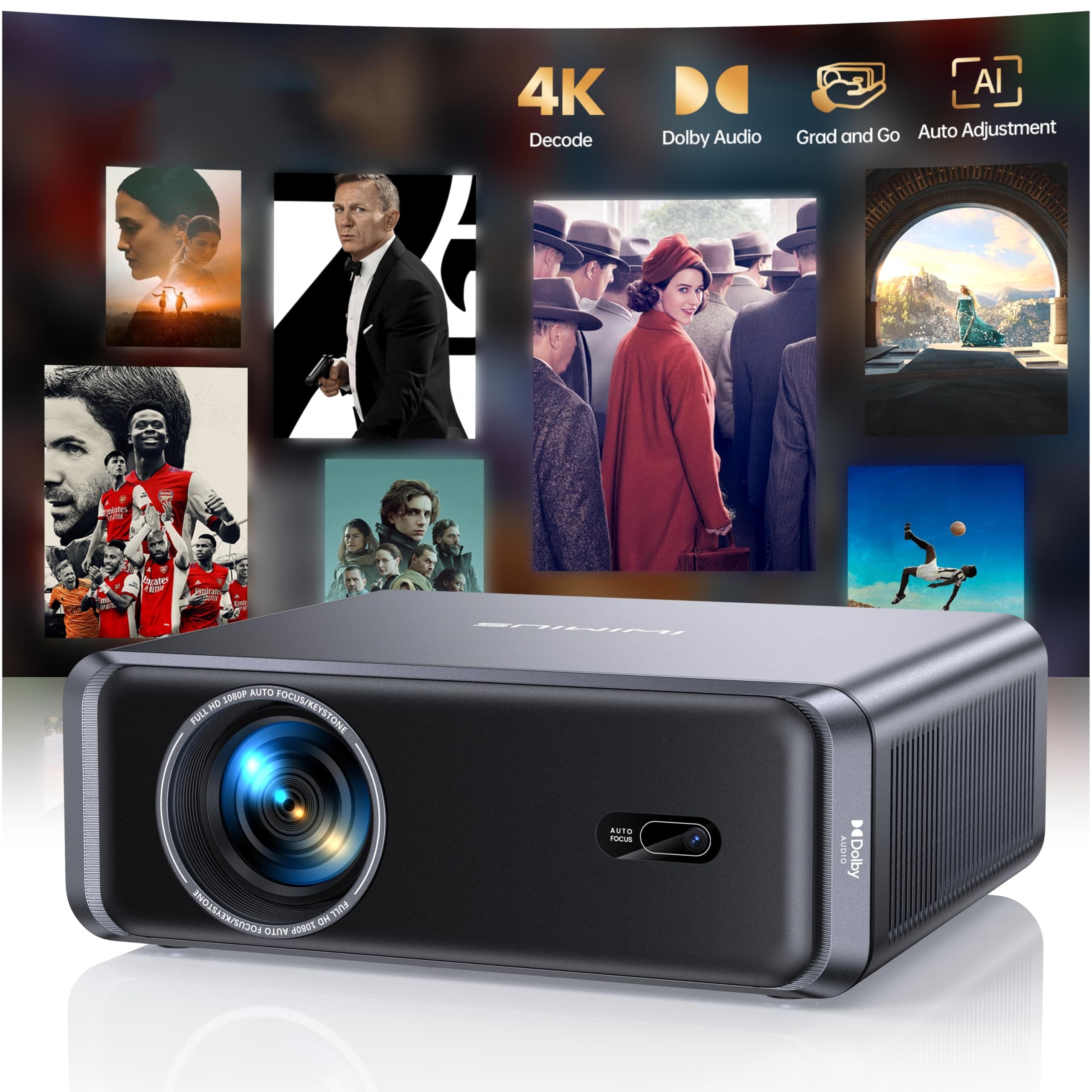 [Compatible with Netflix/4K Supported/Compact Design] Smart Outdoor Projector with WiFi6 and Bluetooth, Movie Projector, DoIby Audio w/ HDMI ARC, Built-in Apps, AI Auto Focus, Portable Home Proyector Standard Gray