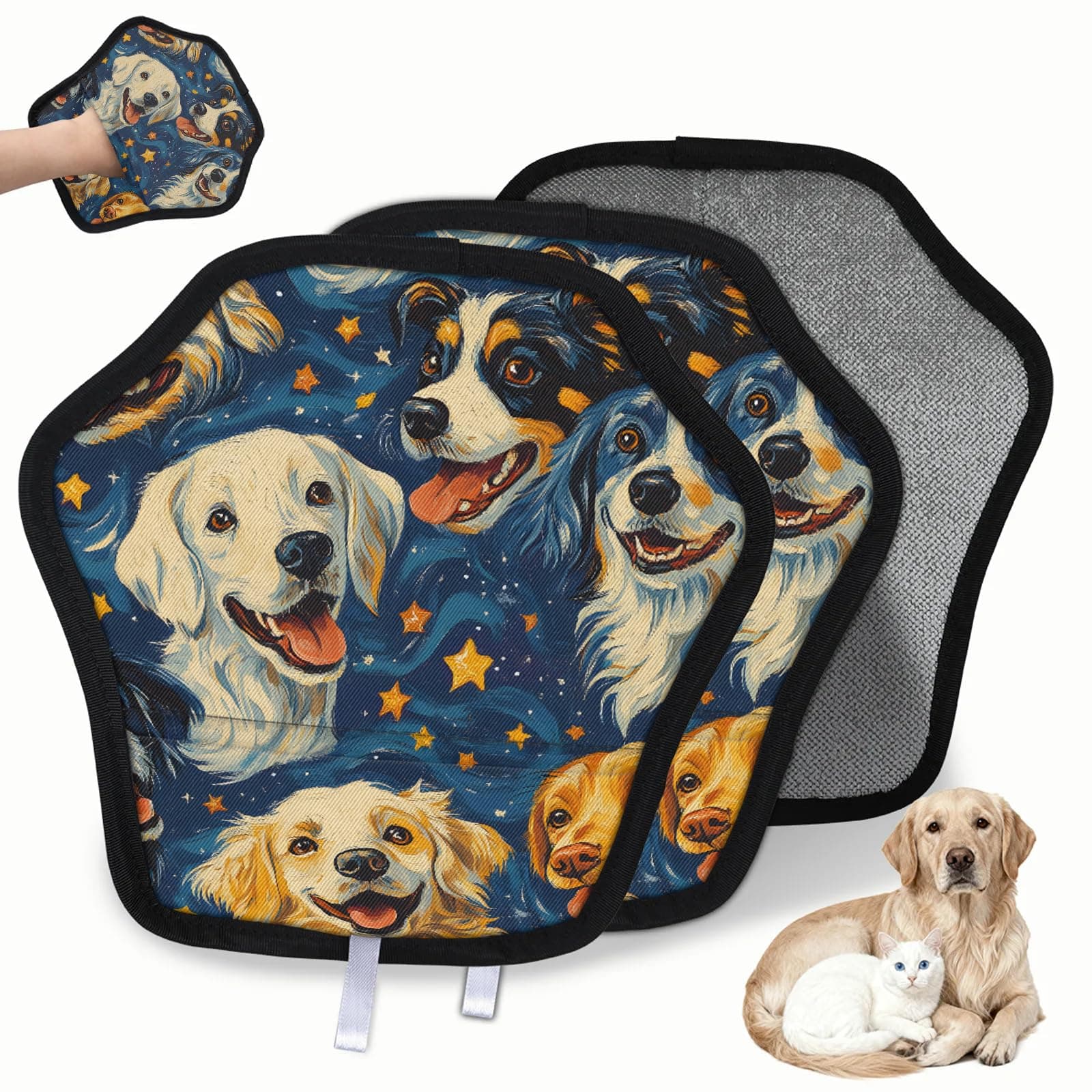 Honeybaby Reusable Pet Hair Removal Glove with Static Electricity Star Dog 9x9 Inch Ergonomic Mitt for Sofa, Bedding, Car & Clothes - Easy Wash for Cats & Dogs 2PC Star Dog