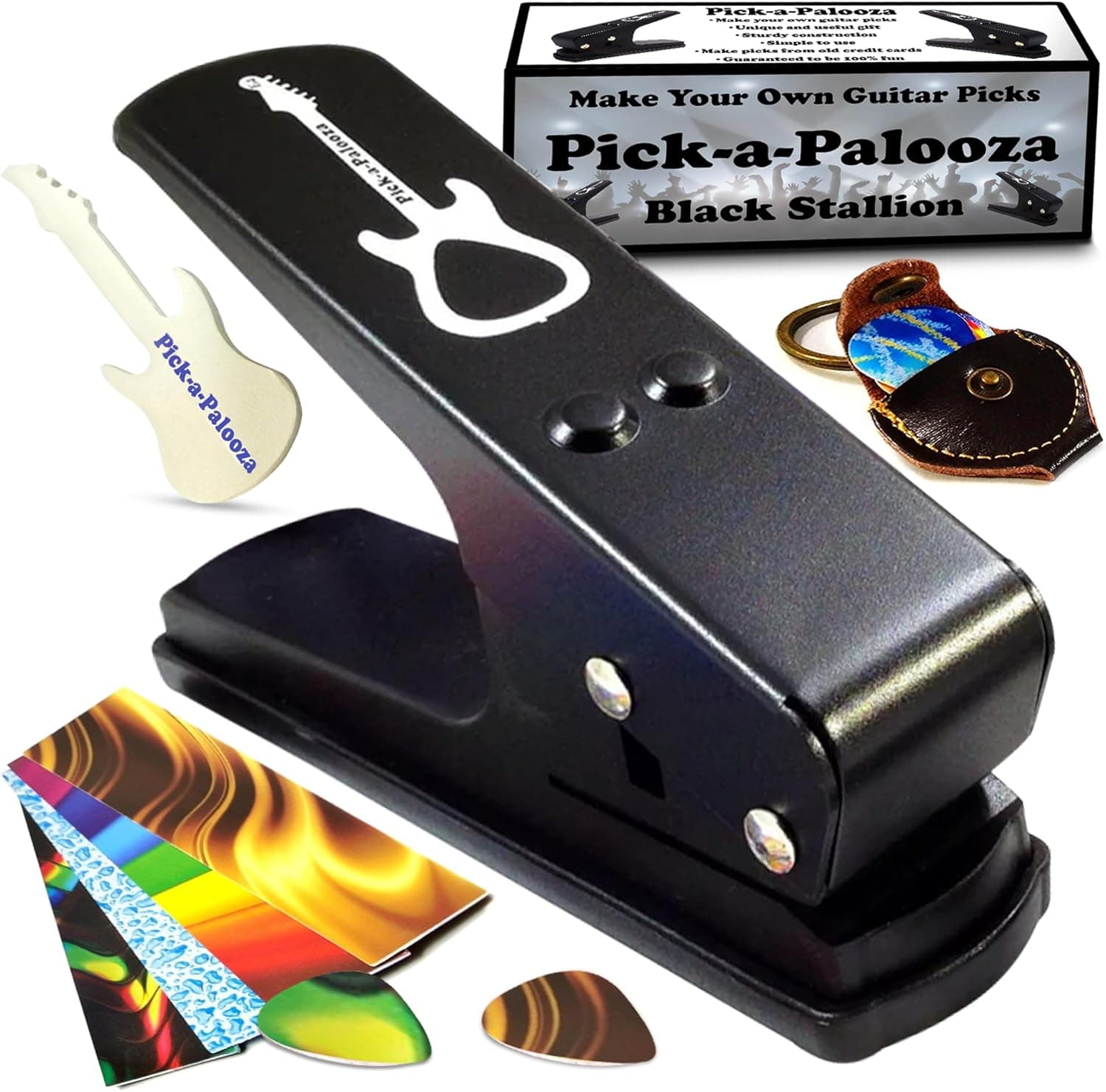 Pick-a-Palooza DIY Guitar Pick Punch Gift Pack - Premium Pick-Maker with Leather Key Chain Holder, 4 Strips and a File - Black Black/Original Strips