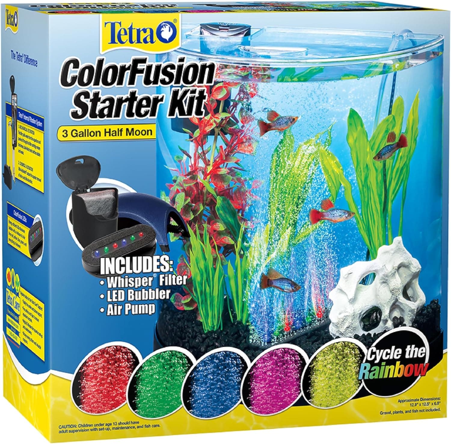 Tetra 3 Gallon Small Fish Tank, Aquarium Starter Kit, with Filter, Air pump, & Color Changing Light, Half Moon shape, for Gold Fish & Betta 3 Gallon (12.9 x 6.8 x 12.5 inches)