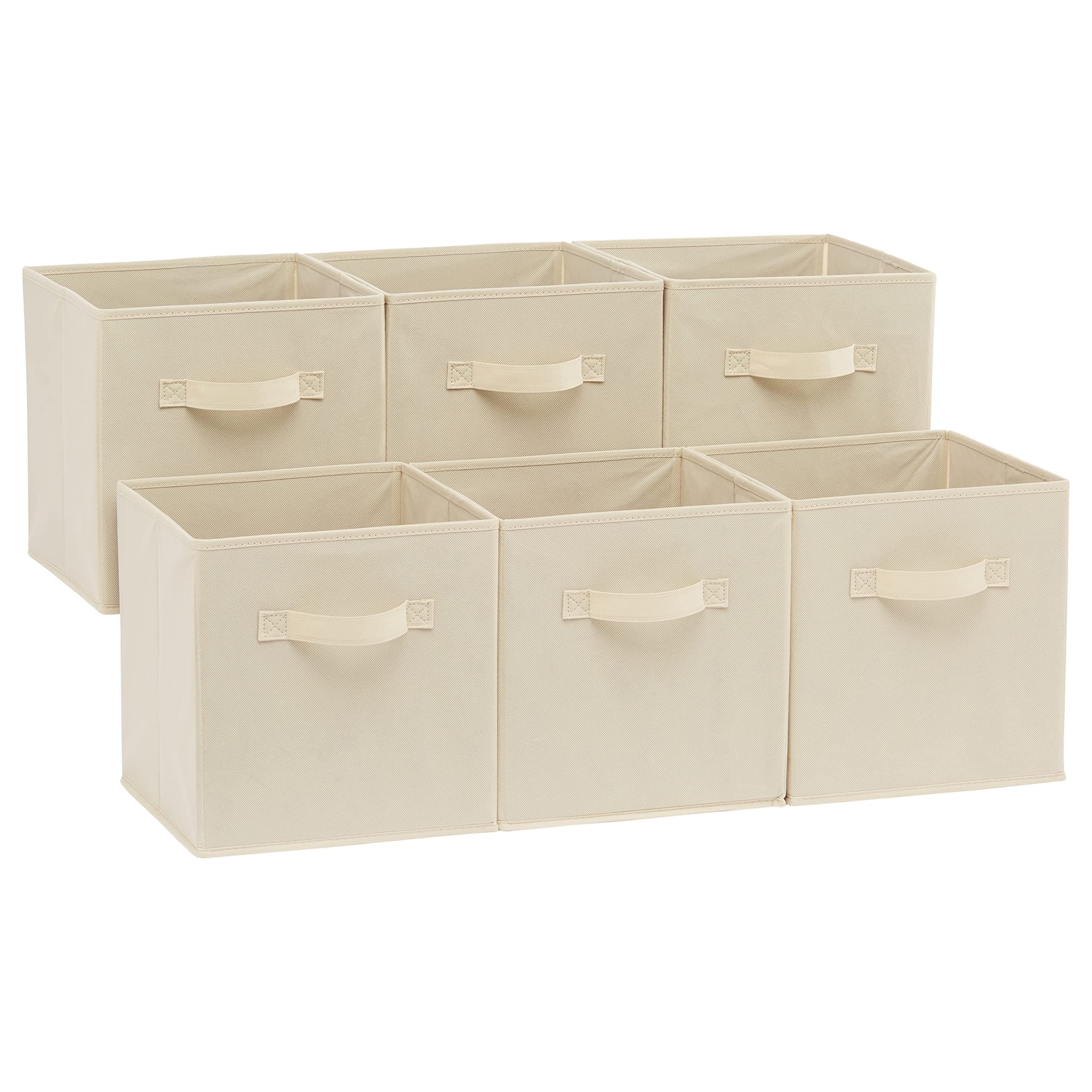 Amazon Basics Collapsible Fabric Storage Cubes Organizer with Handles, Sturdy, Beige, 10.5-x-10.5-x-11-inch, Pack of 6 Beige 10.5"x10.5"x11"