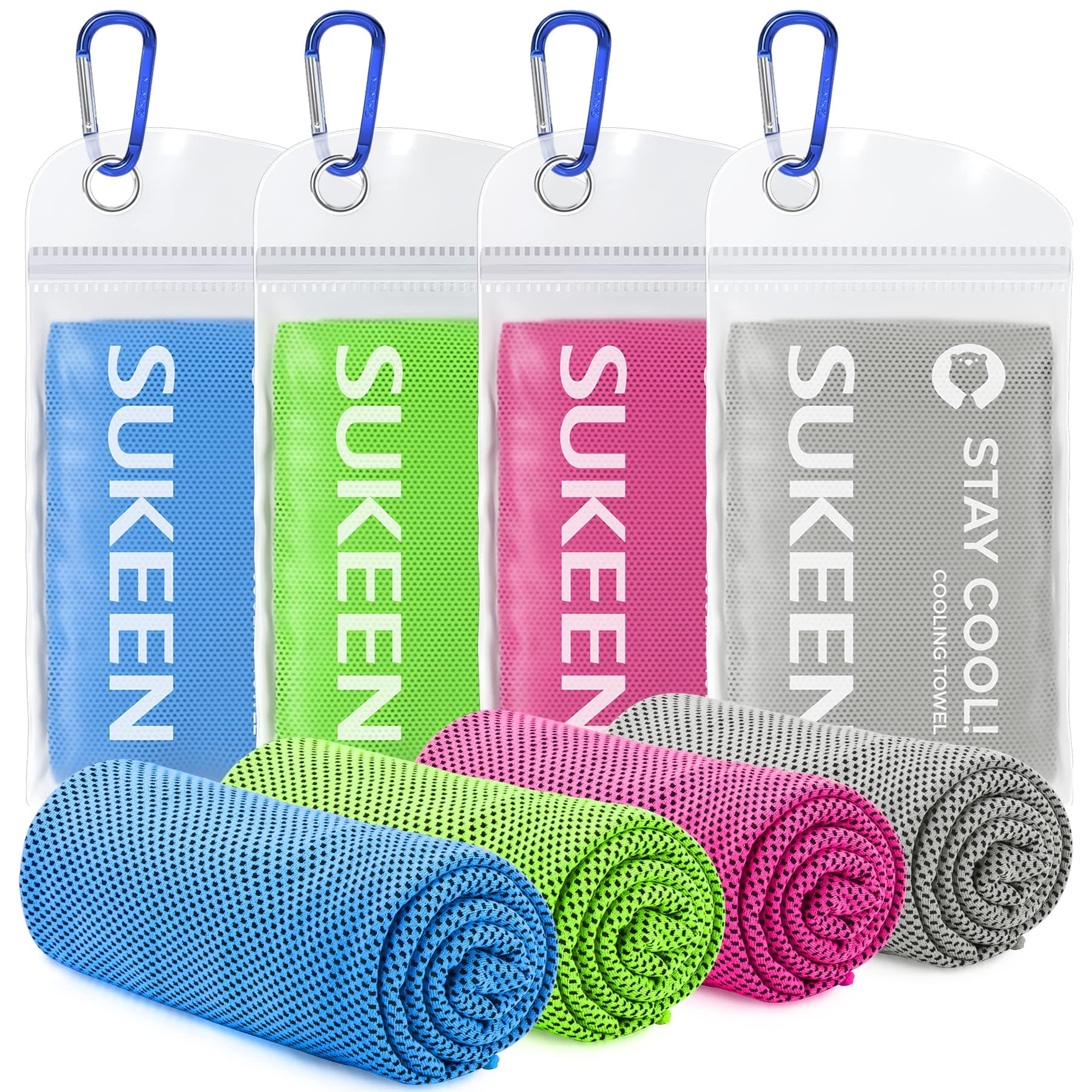 Sukeen 4 Pack Cooling Towels (40"x12"), Cooling Neck Wraps, Ice Towel, Soft Breathable Chilly Towel,Microfiber Towel for Yoga,Sport,Running,Gym,Workout,Camping,Fitness,Workout & More Activities Blue/Grey/Green/Pink