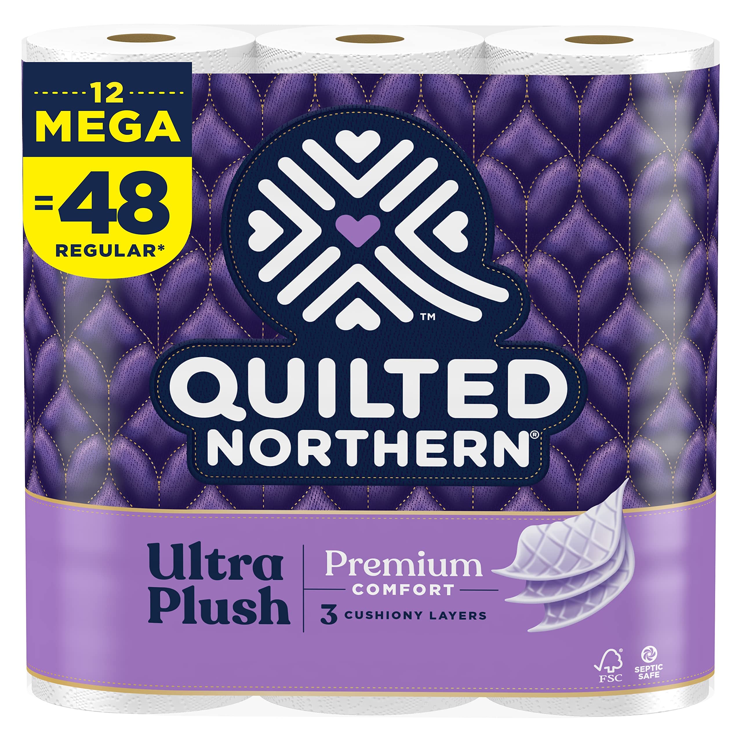 Quilted Northern Ultra Plush Toilet Paper, 12 Mega Rolls = 48 Regular Rolls, 3X Thicker*, 3 Ply Soft Toilet Tissue