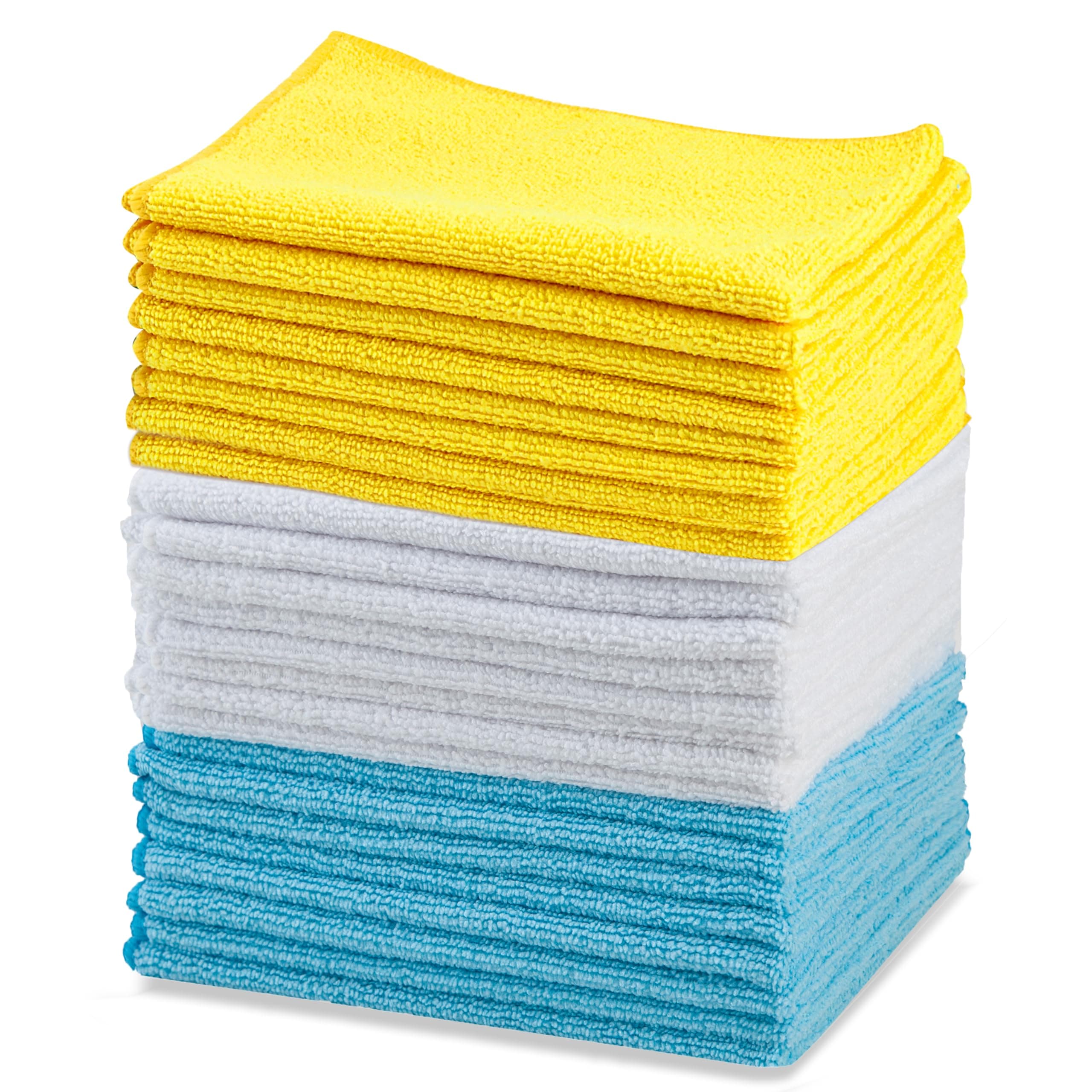 Amazon Basics Microfiber Cleaning Cloths, Ultra Absorbent, Lint Free, Streak Free, Non-Abrasive, Reusable and Washable, 16" x 12", Blue/White/Yellow, Pack of 24 Blue/White/Yellow 24-Pack