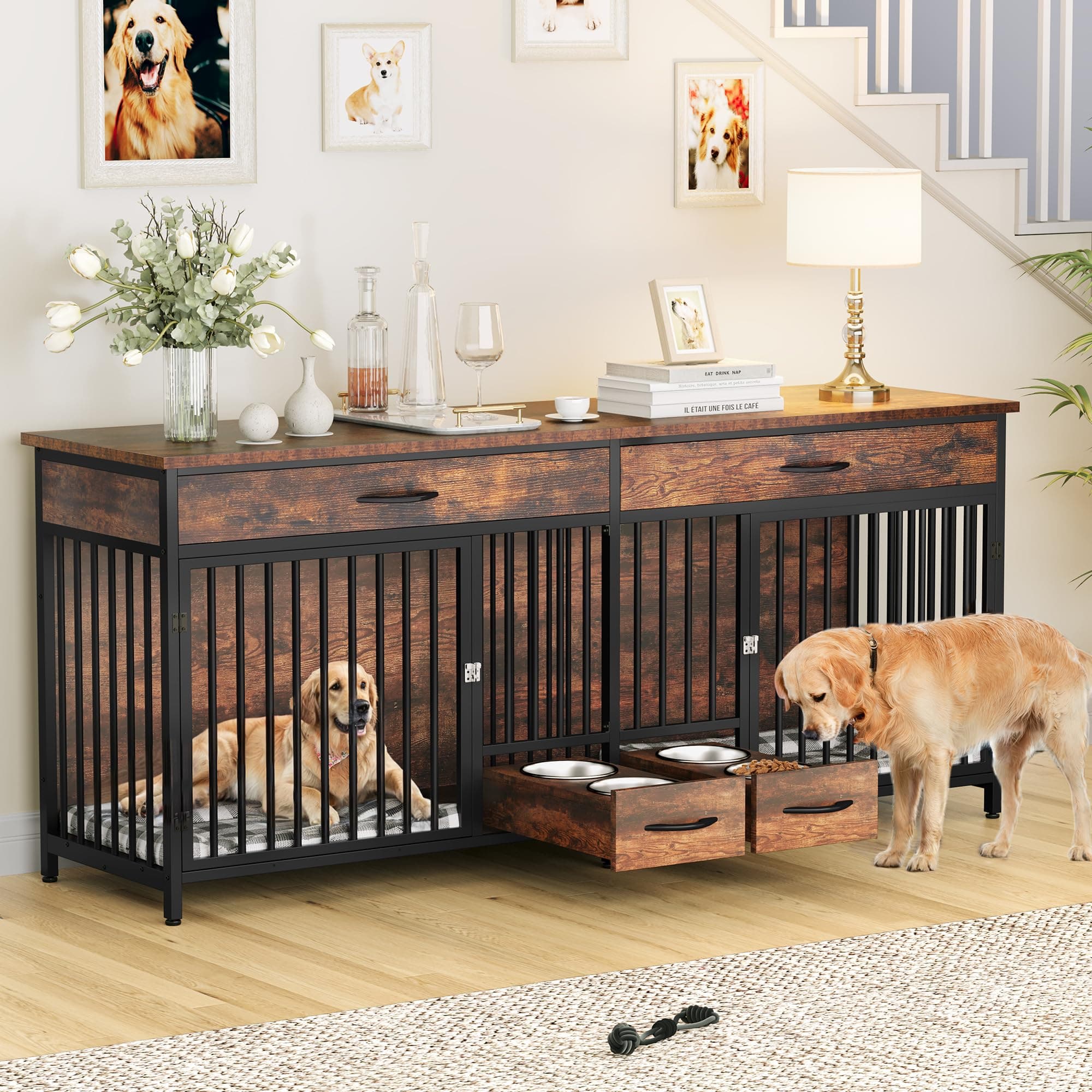 DWVO 91.3" Double Dog Crate Furniture with Dog Feeder, Dog Kennel Furniture with Drawers, Indoor Dog House TV Stand with 2 Room Divider for 2 Medium Large Dogs, Brown