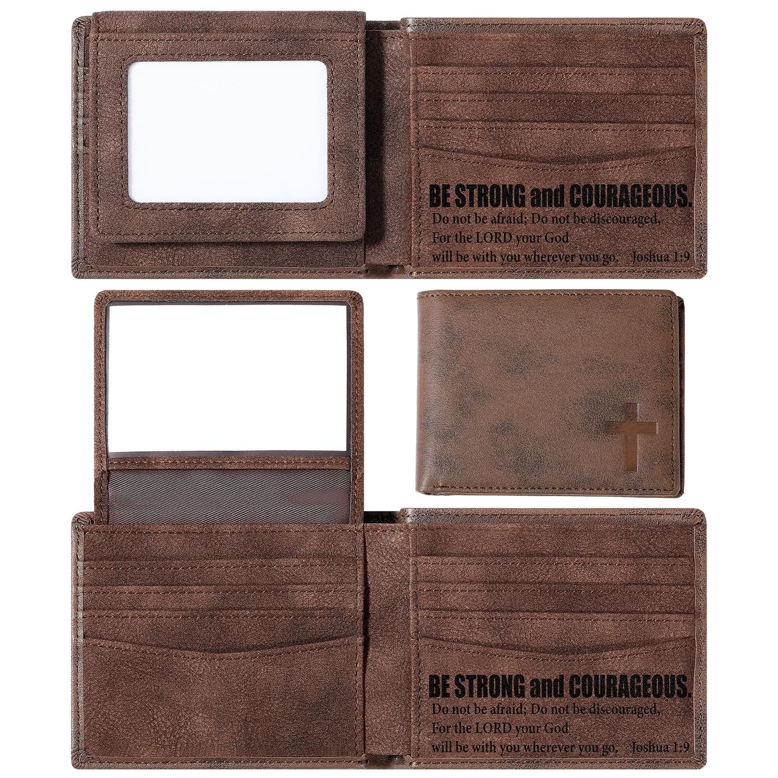 Sadnyy Christian Gifts Leather Wallet for Men Genuine Leather RFID Blocking Bifold Bible Verse Engraved Brown Faith Religious Gifts for Husband Dad BF Grandpa Birthday Christmas Gift (JOSHUA 1: 9)