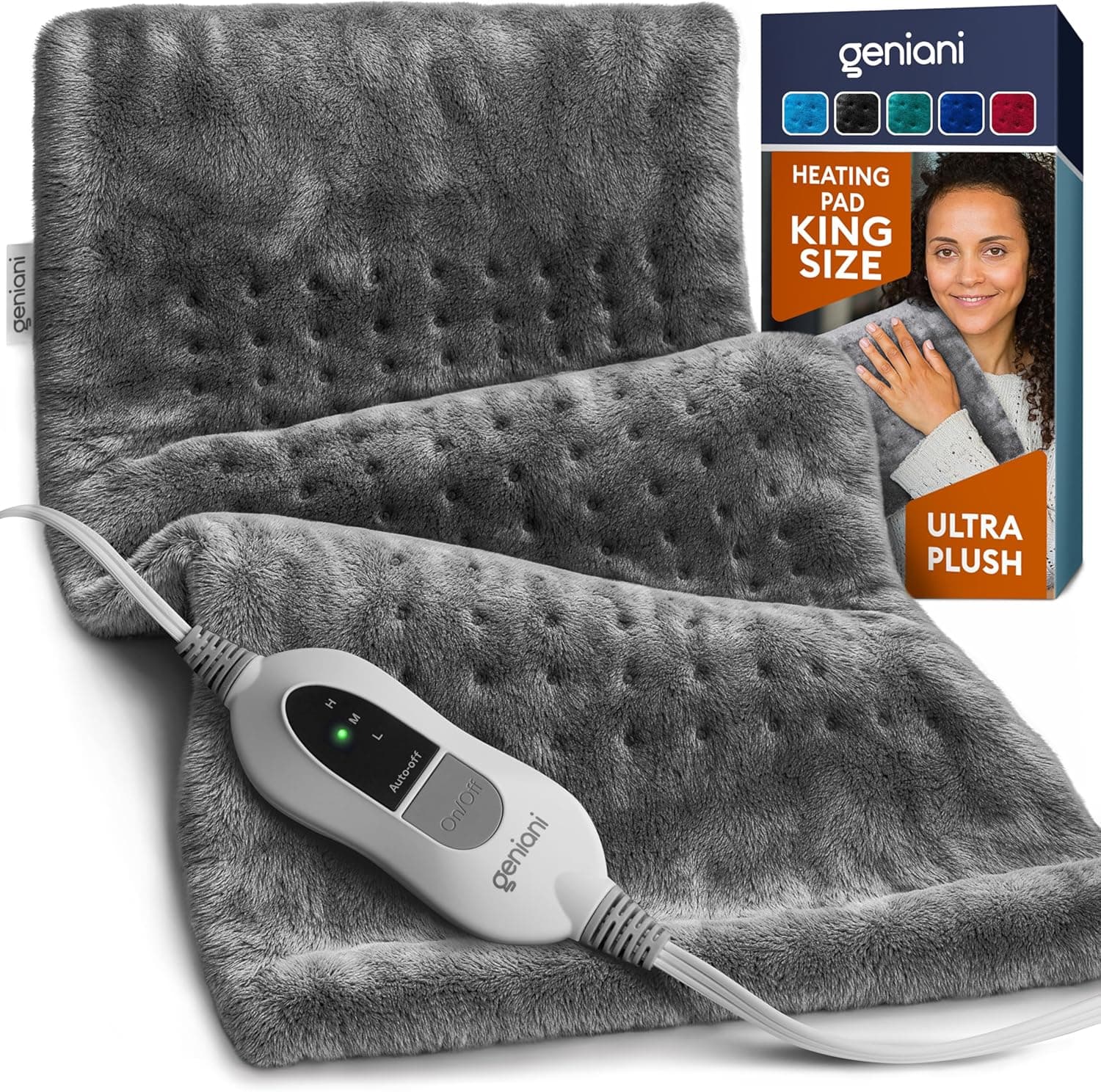 GENIANI XL Electric Heating Pad for Back Pain & Cramps Relief, Electric Throw, Birthday Christmas Gifts for Women Men Auto Shut Off, Machine Washable, Heat Pad for Neck & Shoulder, 12×24", Tabby Gray XL Tabby Gray