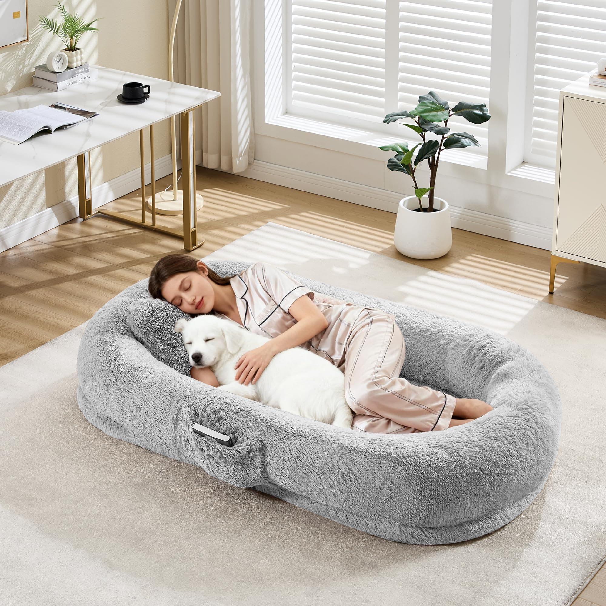 Human Dog Bed, 67” x43” x8” Large Gaint Shared Bed for Adult & Pets, Faux Fur Removable Nap Bed Bean Bag Bed with Pillow, Handle, Side Pocket, Egg Orthopedic Foam for Bedroom Living Room Office Light Gray with Pillow