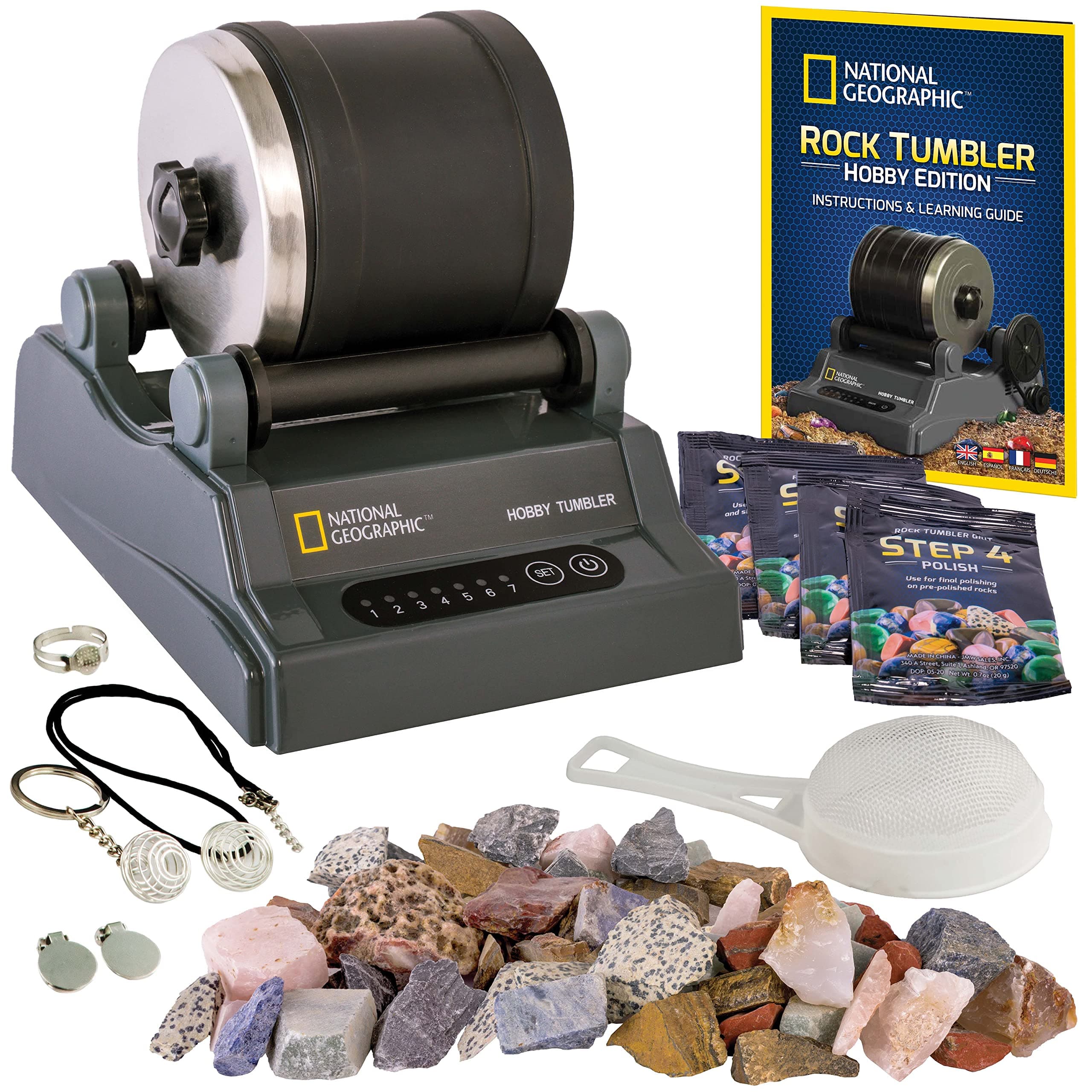 National Geographic Rock Tumbler Kit – Hobby Edition Includes Rough Gemstones, and 4 Polishing Grits, Great STEM Science Kit for Geology Enthusiasts, Rock Polisher for Kids and Adults Hobby Kit