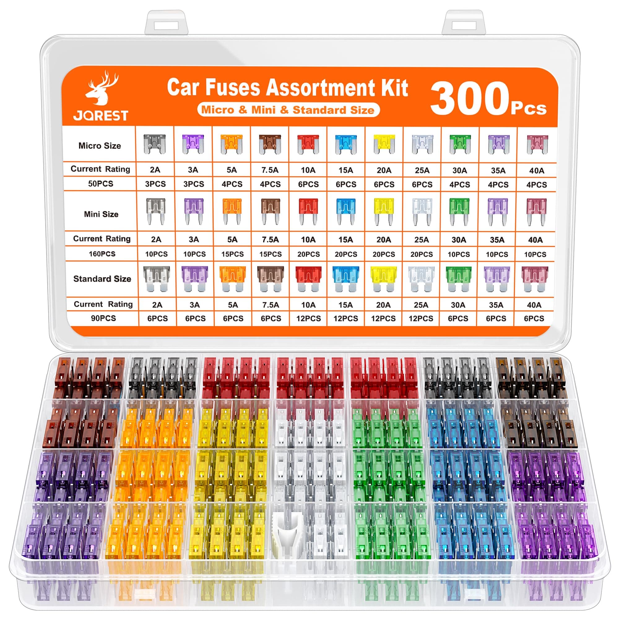 JOREST 300Pcs Car Fuse Assortment Kit, 160 Mini Blade Fuses Automotive + 90 Standard Auto Fuses + 50 Micro + Puller – Replacement for RV Camper Boat Truck (2Amp 3A 5A 7.5A 10A 15A 20A 25A 30A 35A 40A) 300Pcs Micro & Mini & Standard