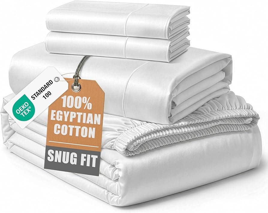 100% Egyptian Cotton Queen Size Sheets Set - Luxury 1000 High Thread Count Egyptian Cotton Bed Sheets 4 PC, Breathable & Cooling Sheets, 16" Deep Pocket(Queen,White) White Queen