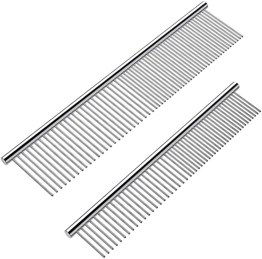 2 Pack Dog Combs with Rounded Ends Stainless Steel Teeth, Cat Comb for Removing Tangles and Knots, Professional Grooming Tool for Long and Short Haired Dog, Cat and other pets, 6.3IN/7.4IN