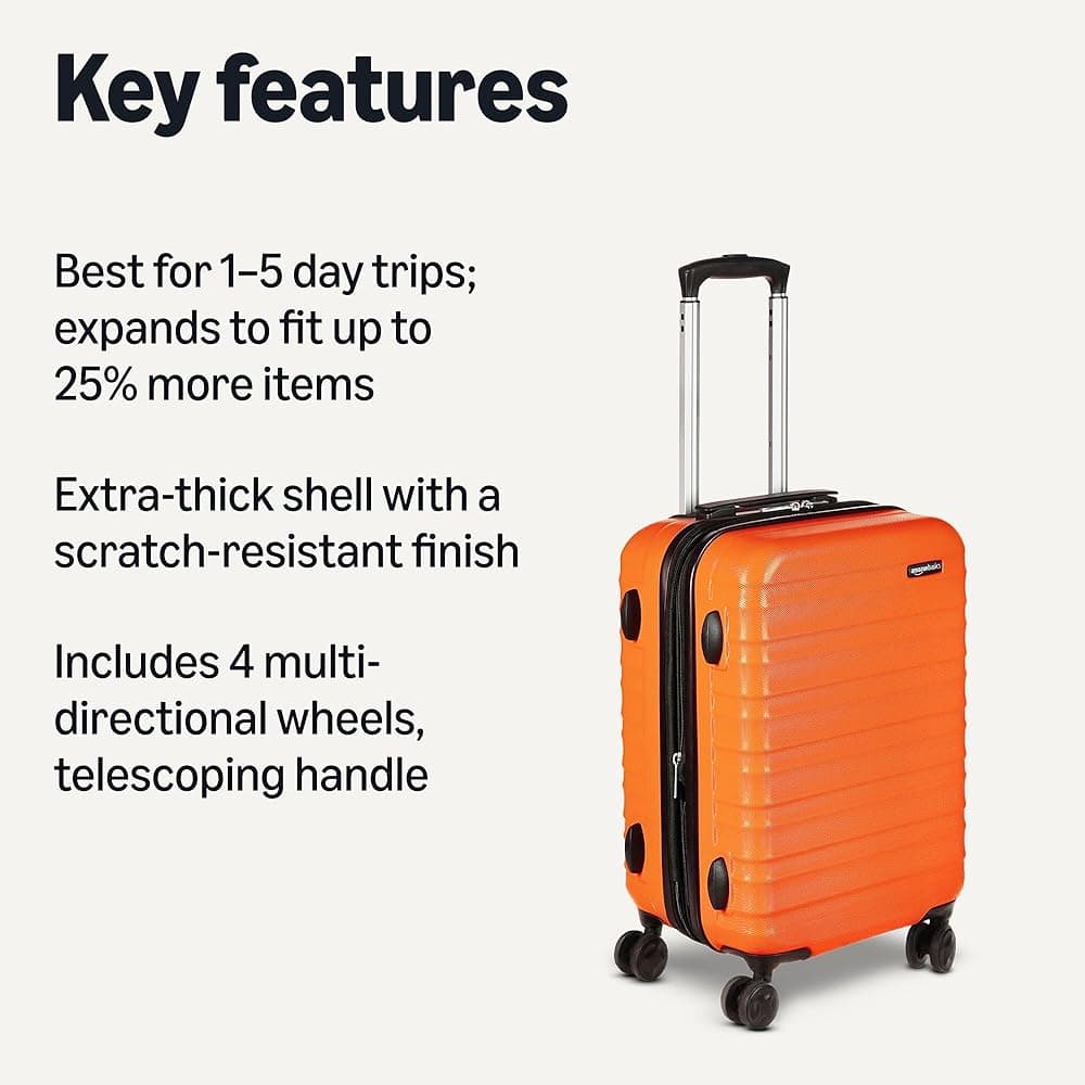 Amazon Basics 21" Hardside Carry-On Luggage, Hardshell Suitcase With Wheels, Expandable For Up to 25% More Space, With Scratch-Resistant Surface, Four Multi-directional Wheels, Orange Orange Carry-On