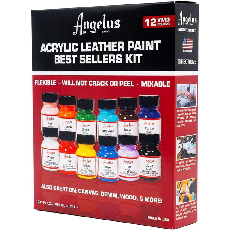 Angelus Acrylic Leather Paint, Best Sellers Kit, Flexible Paint For Shoes, Sneakers, Leather, Canvas, Furniture, and More - 12 Colors (1 oz Each)
