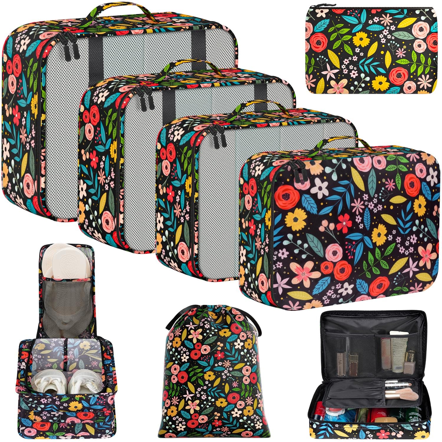 BAGAIL 8 Set Packing Cubes Luggage Packing Organizer Bags for Travel Accessories-Black Floral Black Floral 8 Set