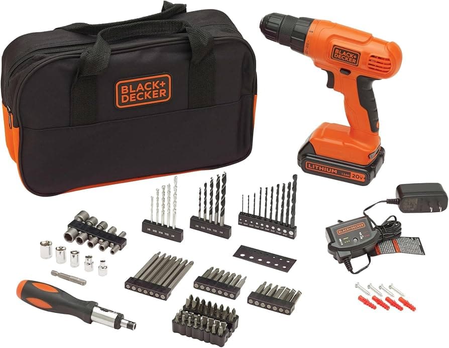 BLACK+DECKER 20V MAX* POWERCONNECT Cordless Drill Driver Kit with Drill Bit Set and Sockets, 100 pc. Tool Kit for Home, Battery and Charger Included ,Orange (BDC120VA100) Drill Project Kit
