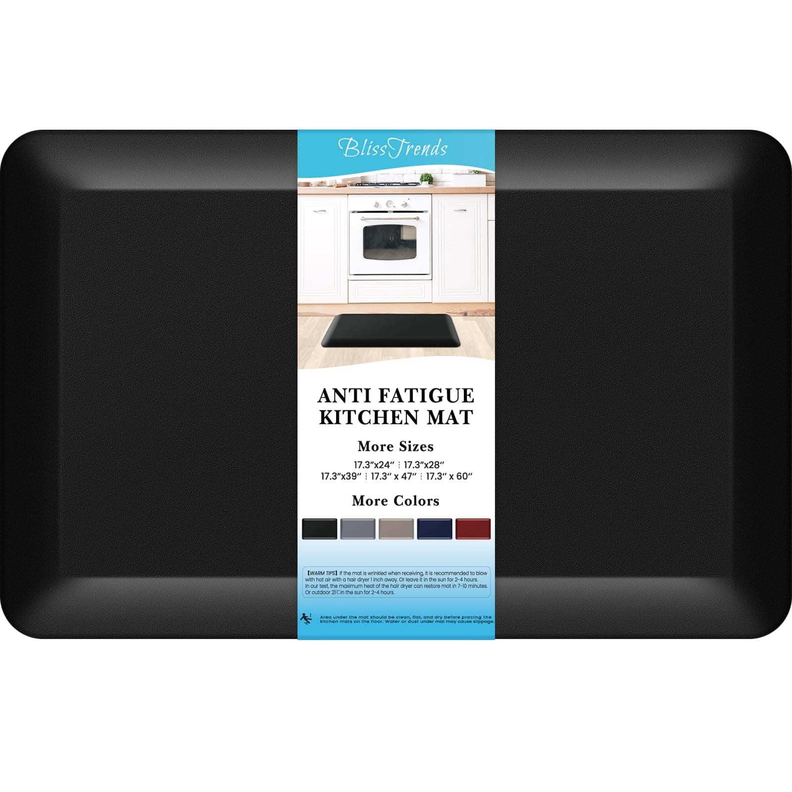 BlissTrends 4/5'' Kitchen Rugs, Cushioned Kitchen Mats, Anti Fatigue Mat for Floor, Non-Skid Washable Kitchen Rug Set, Waterproof Standing Desk Mat, Black, 17.3''*24'' (MPNBTR0004-04461BL)