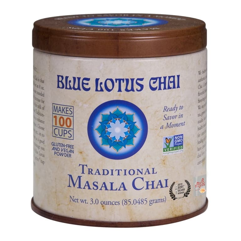 Blue Lotus Chai Tea - Traditional Masala Chai - Makes 100 Cups - 3 Ounce Masala Spiced Chai Powder with Organic Spices - Instant Indian Tea No Steeping - No Gluten Traditional Masala 3 Ounce