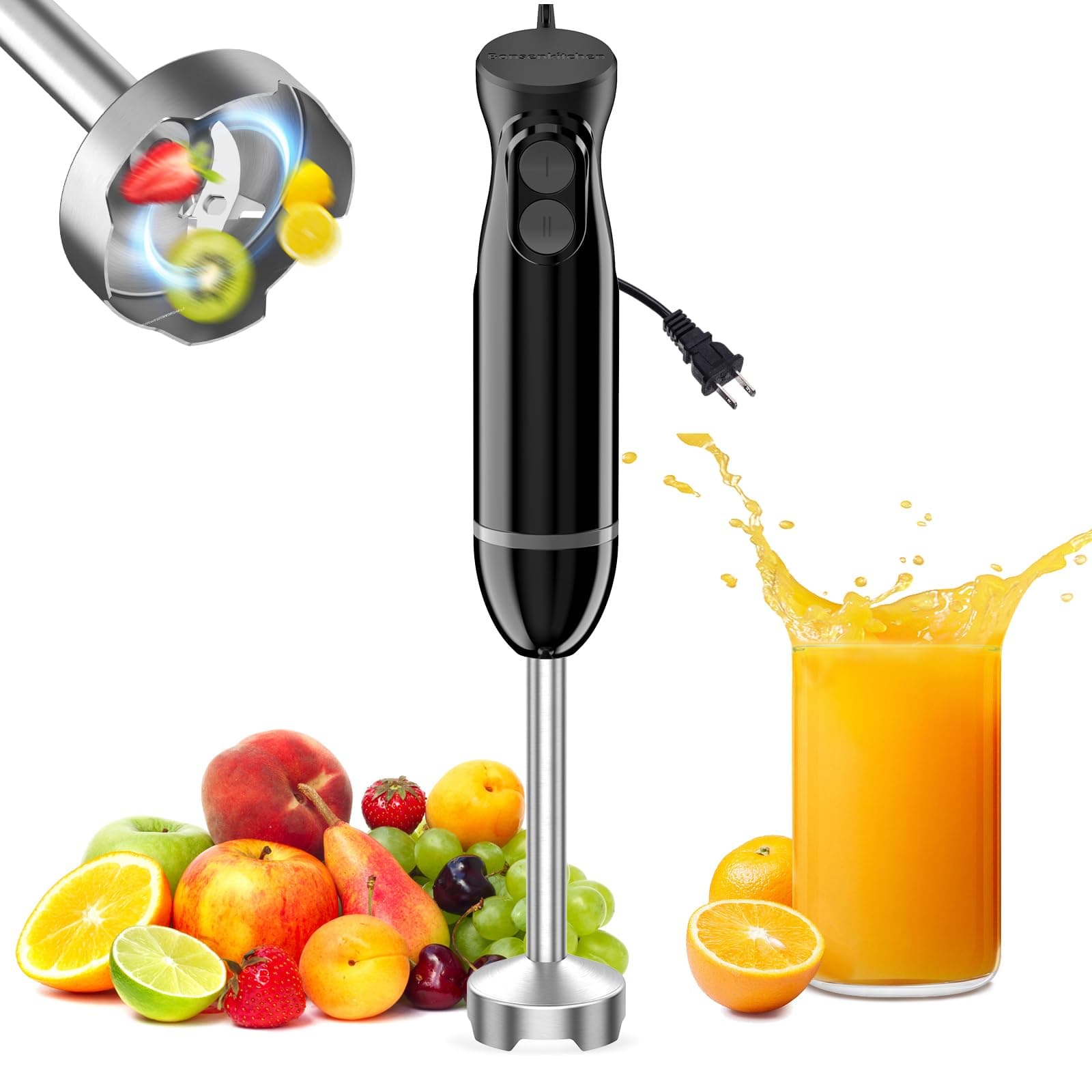 Bonsenkitchen Hand Blender, Immersion Blender with 2 Mixing Speed, Electric Handheld Mixer Portable Stick Mixer with Stainless Steel Blades for Soup, Smoothie, Puree, Baby Food 1-basic-Black