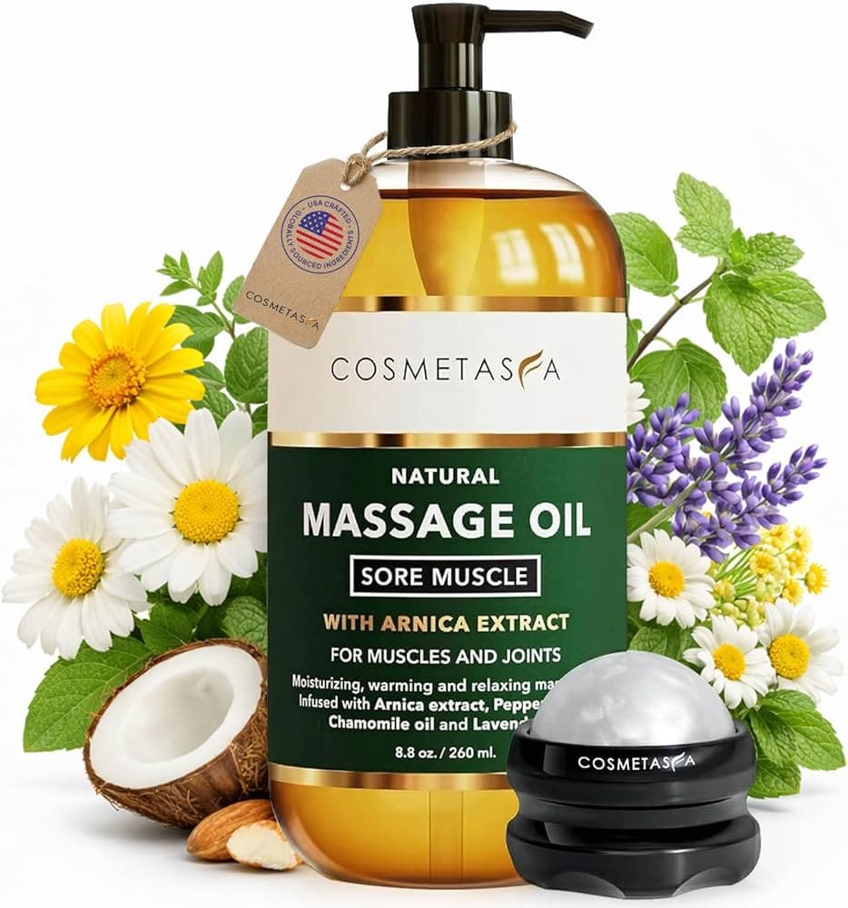Cosmetasa Sore Muscle Massage Oil for Massage Therapy with Roller - All Natural, Cruelty-Free Massage Oils for Muscle Relaxing & Joint Comfort - Arnica Extract with Lavender & Chamomile Oil (8.8 oz)