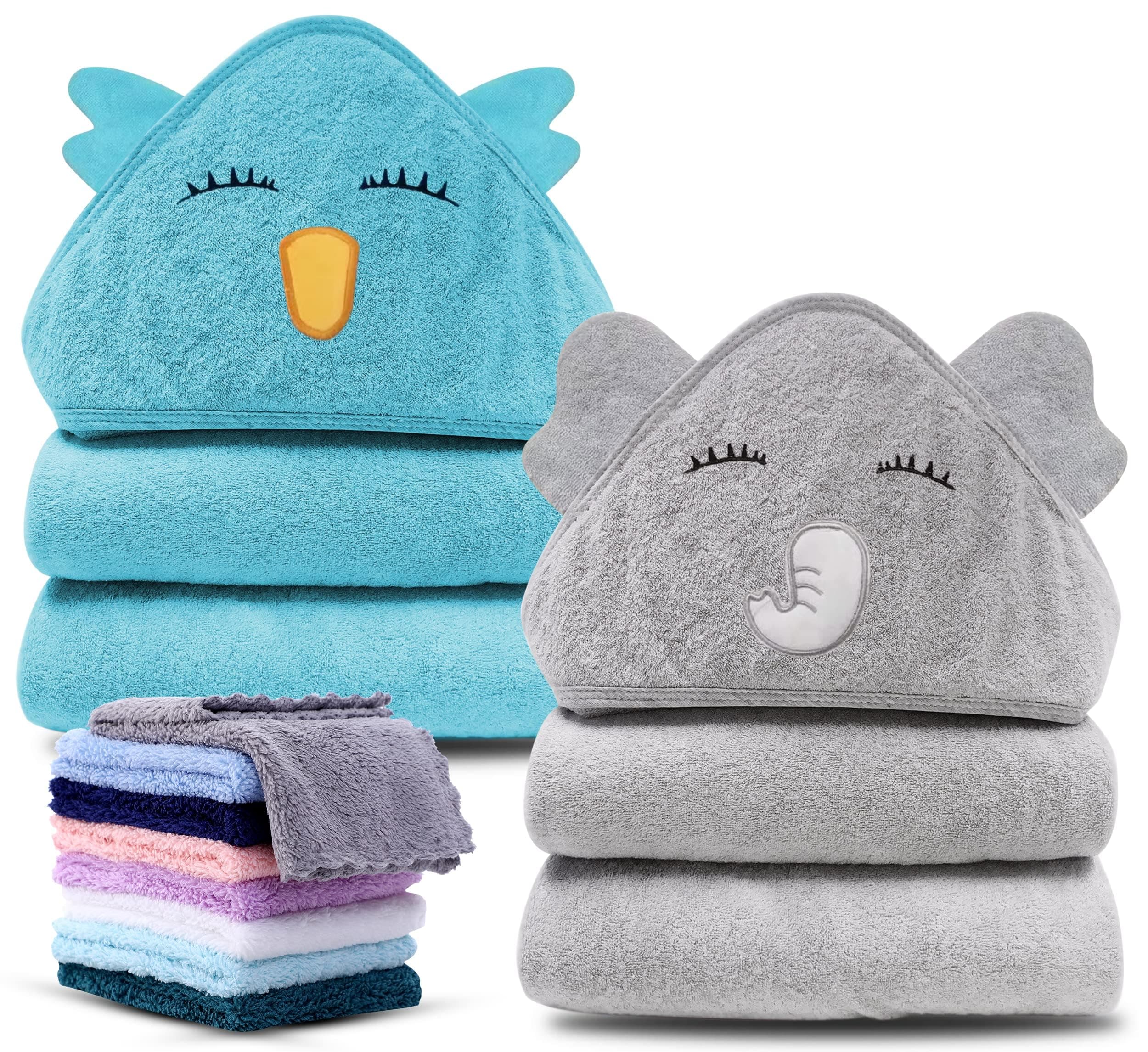 Cute Castle 2 Pack Hooded Baby Towel Rayon Made from Bamboo and 8 Washcloths - Lovely Elephant, Happy Bird Elephant and Bird