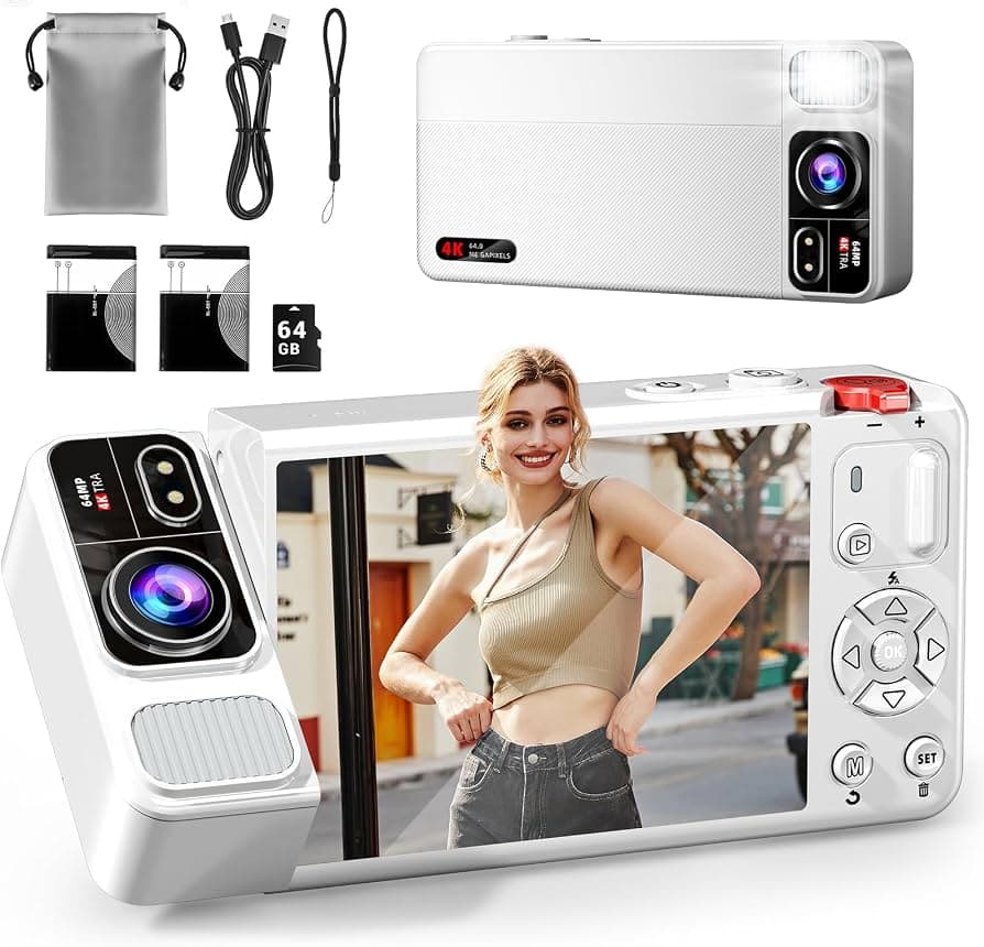 Digital Camera, 4K 64MP Cameras for Photography, 270°Flip Screen Vlogging Camera, Autofocus, Flash, 18X Zoom, 2 Batteries, 64GB Card, Point and Shoot Digital Cameras for Kids Teens, Black