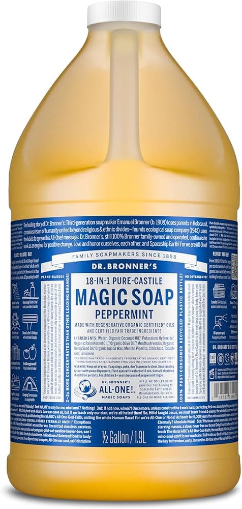 Dr. Bronner's - Pure-Castile Liquid Soap (Peppermint, 25 ounce) - Made with Organic Oils, 18-in-1 Uses: Face, Body, Hair, Laundry, Pets and Dishes, Concentrated, Vegan, Non-GMO (2-Pack) Peppermint 25 Fl Oz (Pack of 2)
