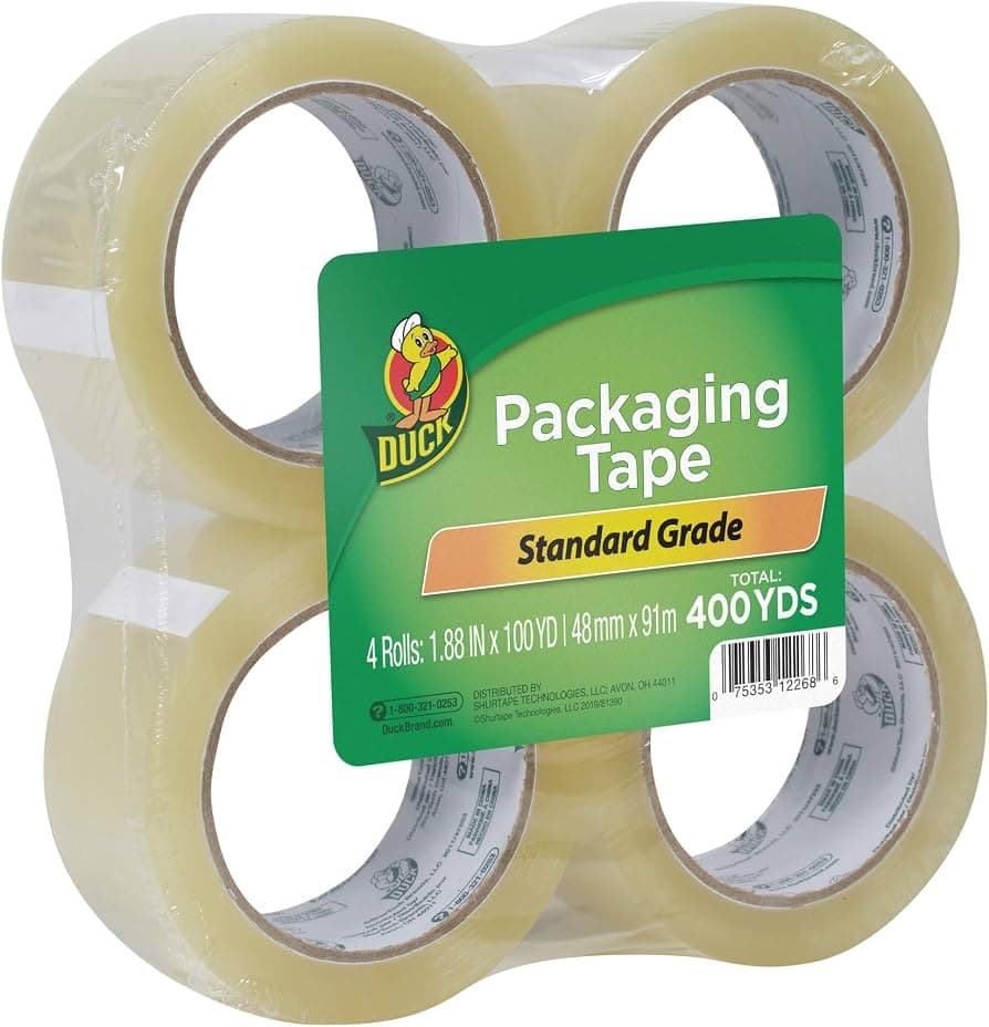 Duck Brand Standard Packaging Tape Refills - 4 Extra Long Rolls of Clear Packing Tape - Shipping, Mailing and Moving Supplies - 3" Core - 1.88 Inch x 100 Yards - Clear (240593) Refill 4 Rolls, 400 yds
