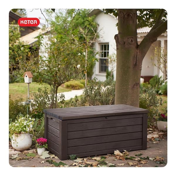 Keter Westwood 150 Gallon Deck Box Organizer, Doubles as 2-Person Bench Seat, Brown – Large Resin Outdoor Storage and Seating with Lockable Lid for Garden, Pool, and Patio