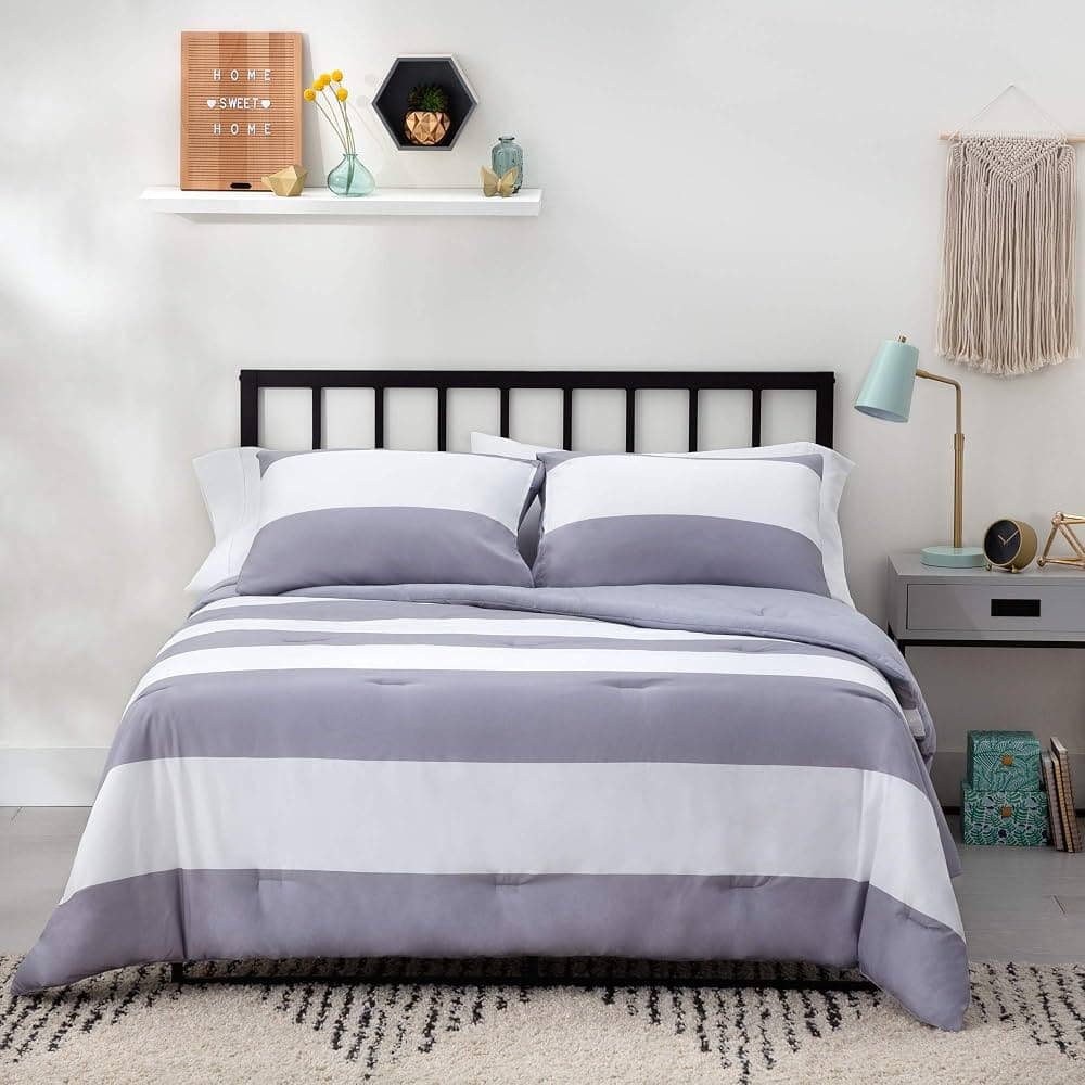LINENSPA All Season Hypoallergenic Down Alternative Microfiber Comforter, California King, Gray/White Rugby Stripe/Grey California King
