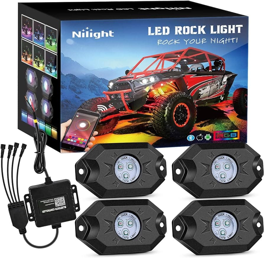 Nilight RGB LED Rock Lights Kit, 4 pods Underglow Multicolor Neon Light Pod with Bluetooth App Control Flashing Music Mode Wheel Well Light for Truck ATV UTV RZR SUV 4 Pods RGB 3LED