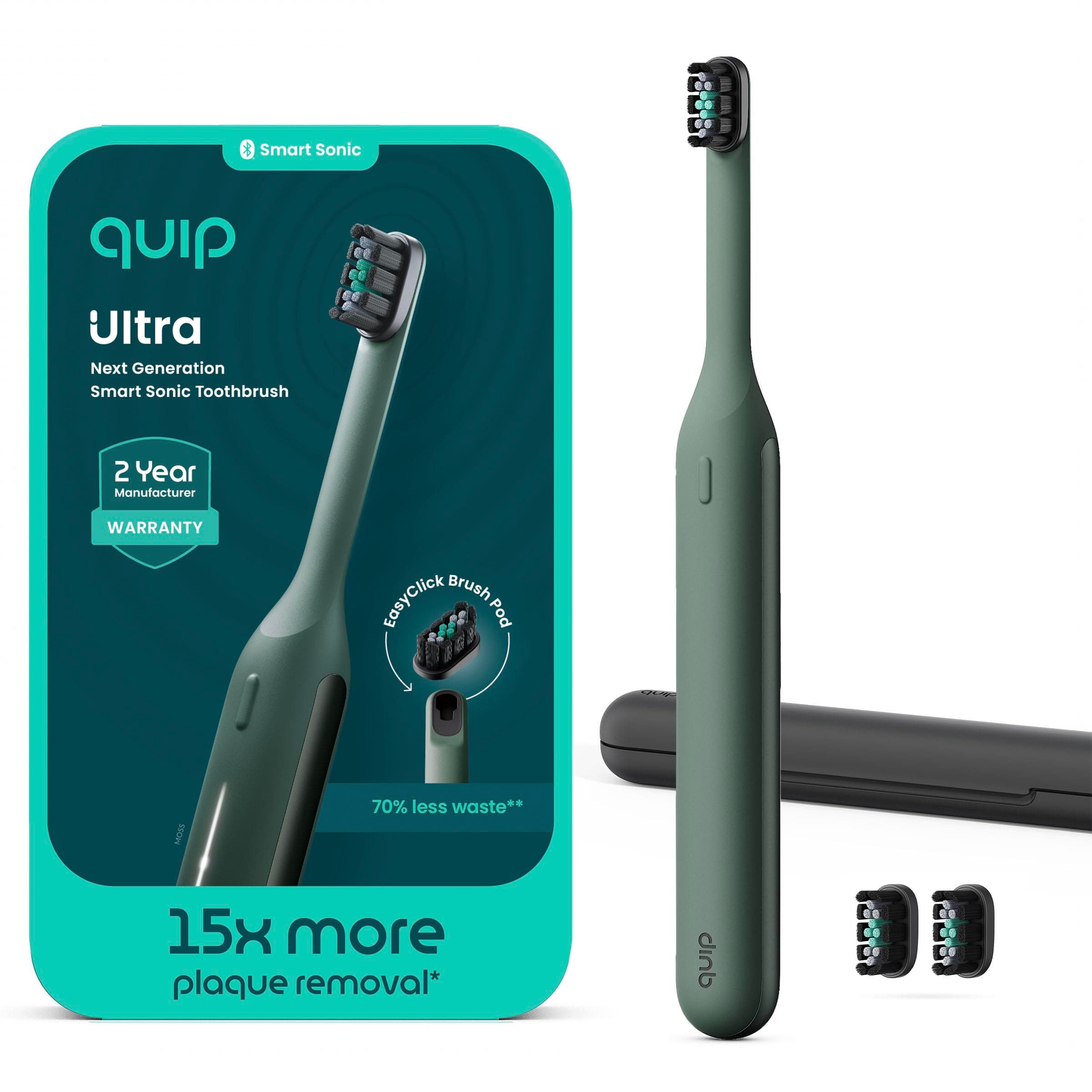 Quip Ultra Next Generation Smart Toothbrush - Timed Electric Toothbrush with Case - Replaceable Brush Head, Soft Bristles, Silicone Handle, 30-Day Battery Life - Travel Toothbrush - Stone Stone White