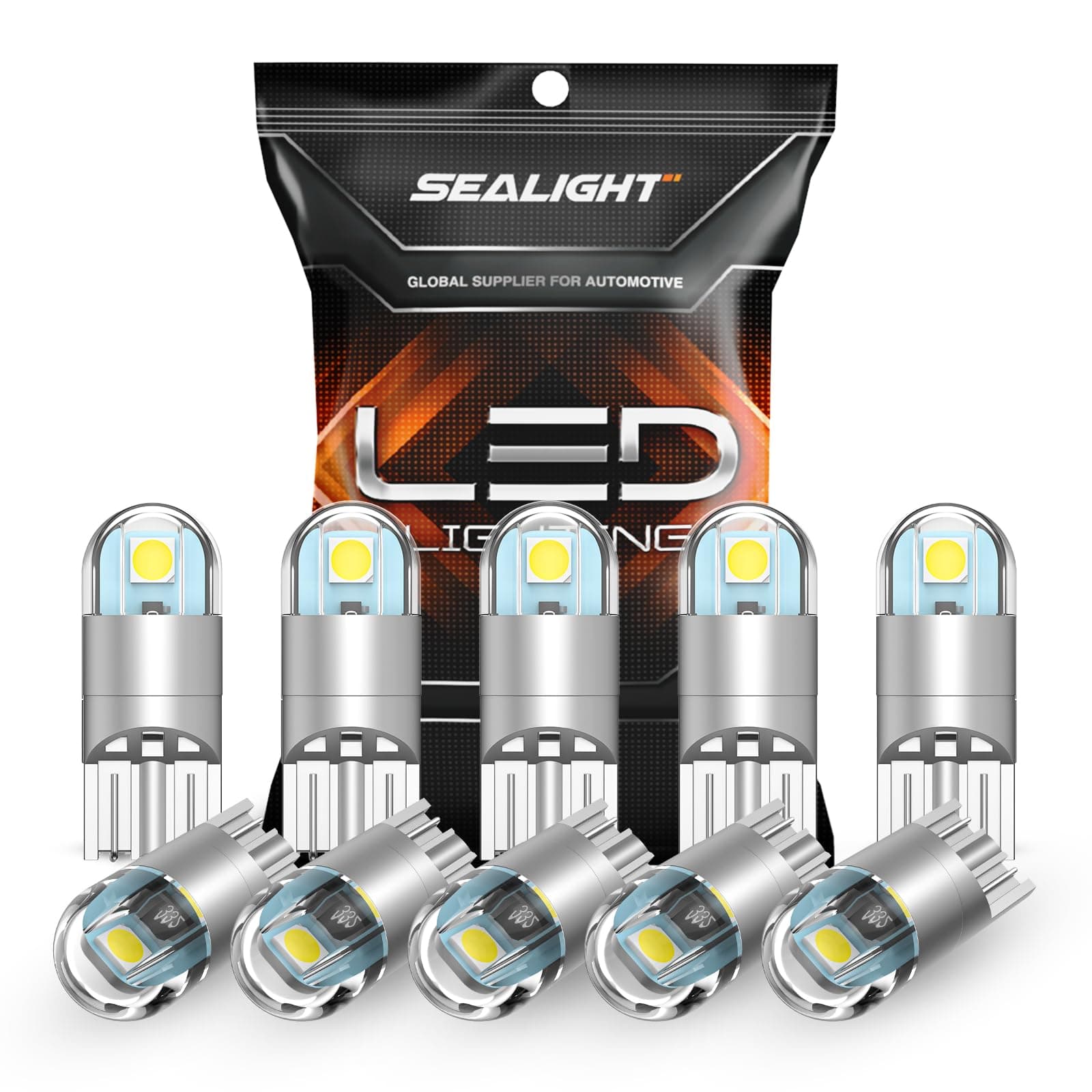 SEALIGHT 194 LED Bulb 6000K White, License Plate Light, Dome Light, T10 168 2825 W5W 3030 Bright Chips Wedge for Replacement Light Bulb, Map Trunk Door Courtesy Dash LED Light Bulb,Pack of 10 White 194/168/T10