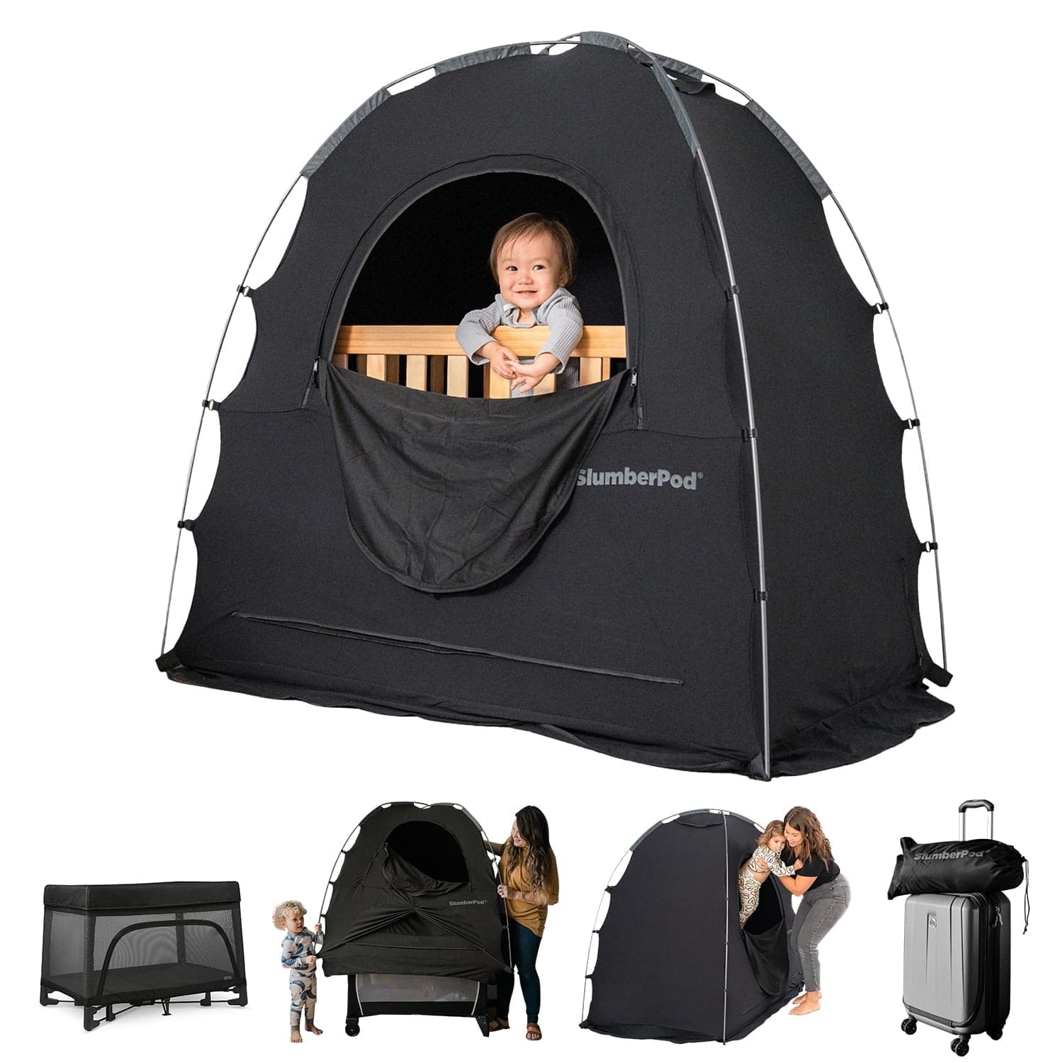 SlumberPod The Original Blackout Sleep Tent Travel Essential for Babies and Toddlers, Mini Crib and Pack N Play Cover, Sleep Pod for Kids with Monitor Pouch and Fan Pouch, Blocks 95%+ Light, Black Black/Grey 3.0 Standard (No Fan)