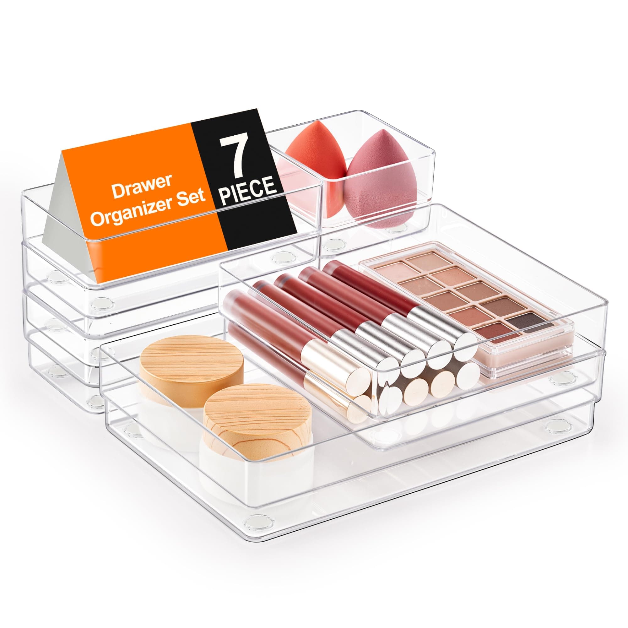 SMARTAKE 7-Piece Drawer Organizer with Non-Slip Silicone Pads, 4-Size Desk Drawer Organizer Trays Storage Tray for Makeup, Jewelries, Utensils in Bedroom Dresser, Office and Kitchen (Clear) 7 PCS