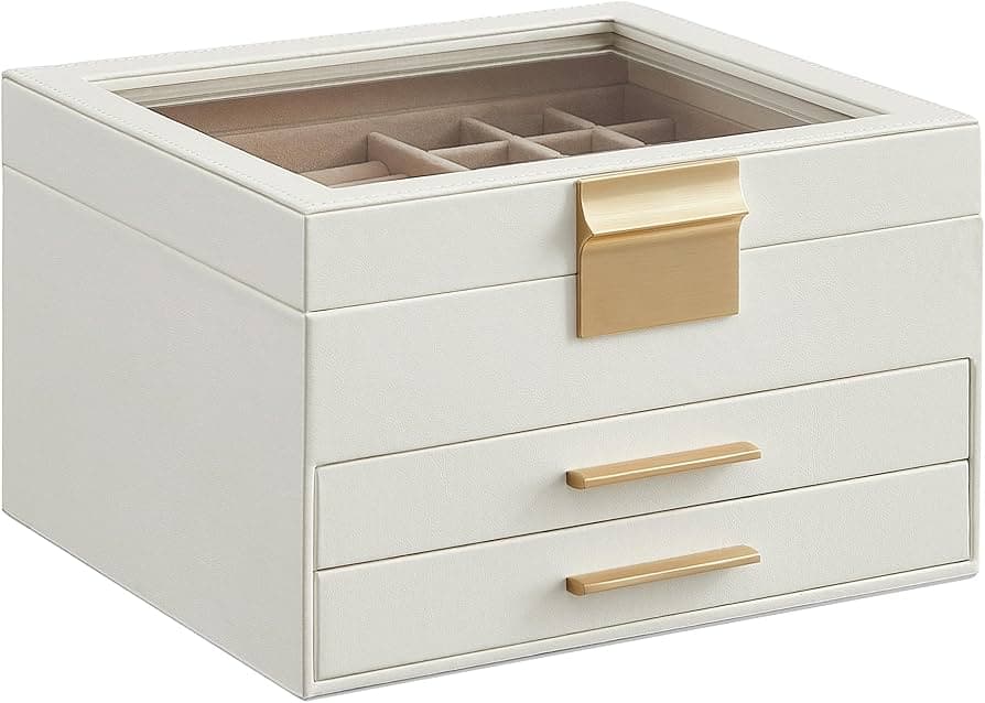 SONGMICS Jewelry Box Organizer with Glass Lid, 3-Layer Jewelry Storage, with 2 Drawers, Modern Style, Christmas Gift, 8 x 9.1 x 5.3 Inches, Cloud White and Gold Color UJBC239WT 3 Layer (8"D x 9.1"W) Cloud White + Gold