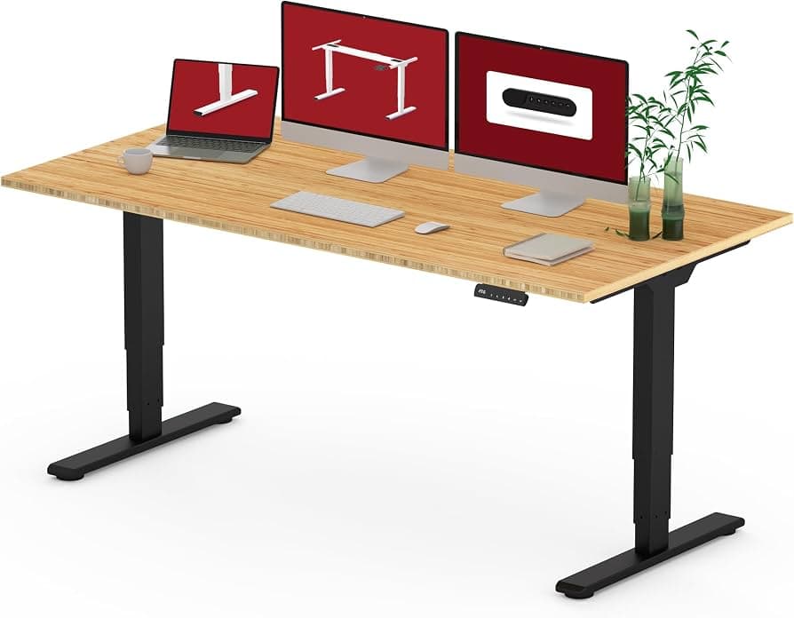 Standing Desk with Dual Motor, 3-Stage Lifting Column, Handset with 3 Preset and Sit-Stand Reminder - 60 inch Whole Piece Real Bamboo/Black Frame, Height Adjustable Desk for Home and Office Black Frame+rectangular Desktop 60*30