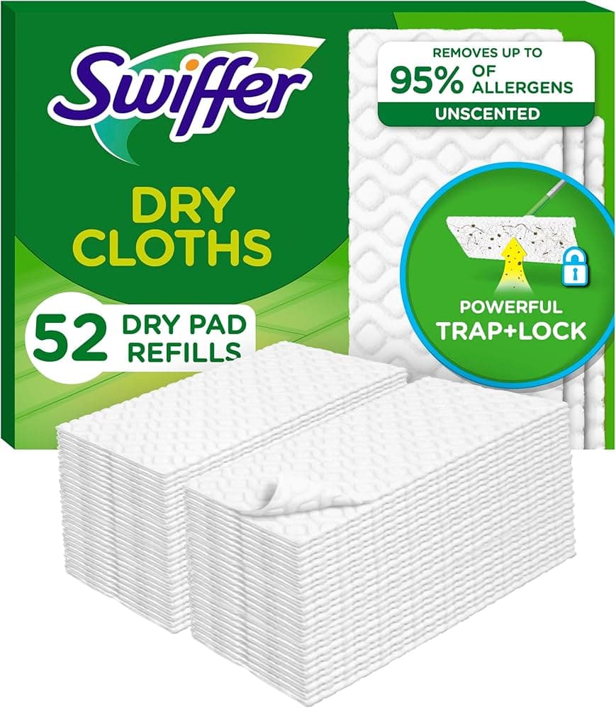 Swiffer Sweep + Mop, Dry Pads Refill, Floor Cleaner for Dirt, Dust, Hair, Cleaning Cloths for Mopping Home, Bathroom, Kitchen, Dust Mop, Floor Duster, Unscented, 52ct 52 Count (Pack of 1) Swiffer Sweeper Refills