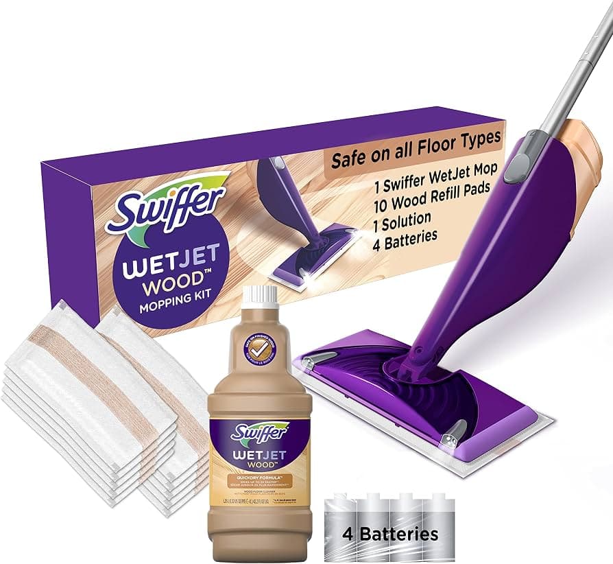 Swiffer WetJet Wood Floor Mopping and Cleaning Starter Kit, All Purpose Floor Cleaning Products, 1 Mop, 10 Pads, Cleaning Solution, Batteries Cleaning Kit