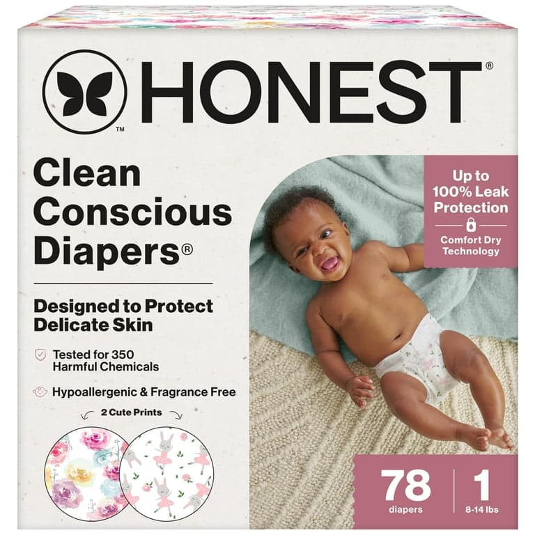 The Honest Company Clean Conscious Diapers Plant-Based Sustainable Rose Blossom and Tutu Cute Club Box Size 1 8-14 lbs 80 Count