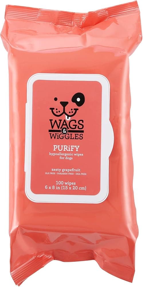Wags & Wiggles Purify Hypoallergenic Wipes for Dogs, Zesty Grapefruit Scent - Scented Dog Wipes Gently Clean & Condition Your Dog's Coat Without A Bath, 100 Count Zesty Grapefruit - Hypoallergenic 100 Count (Pack of 1)
