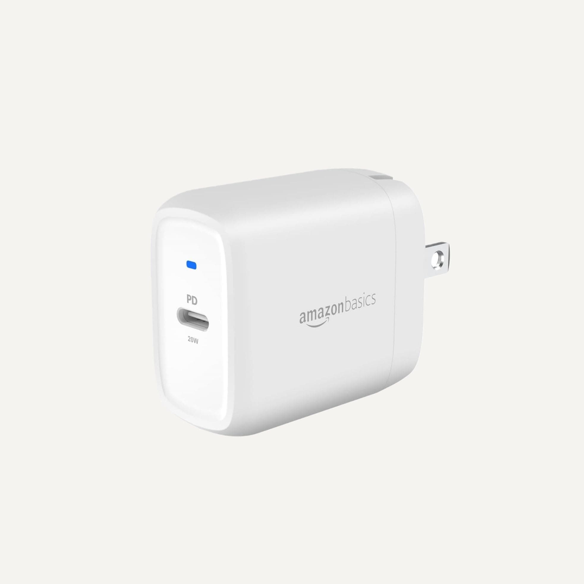 Amazon Basics 20W One-Port USB-C Wall Charger with Power Delivery PD for Tablets & Phones (iPhone 16/15/14/13/12/11/X, iPad, Samsung, and more), non-PPS, 1.81 x 1.73 x 1.09 inches, White 20W (1 USB-C) White
